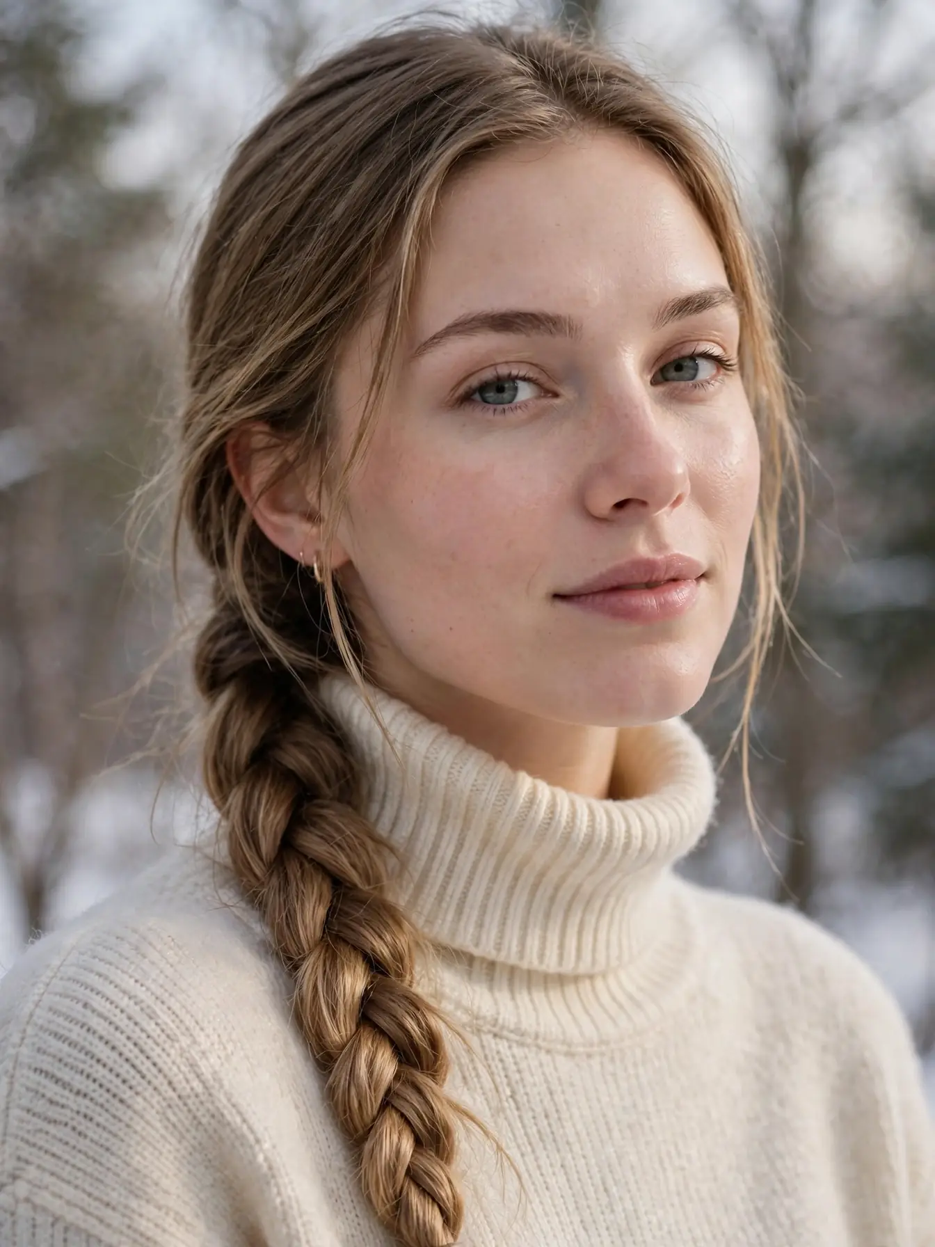 Low side braid draped over a turtleneck sweater