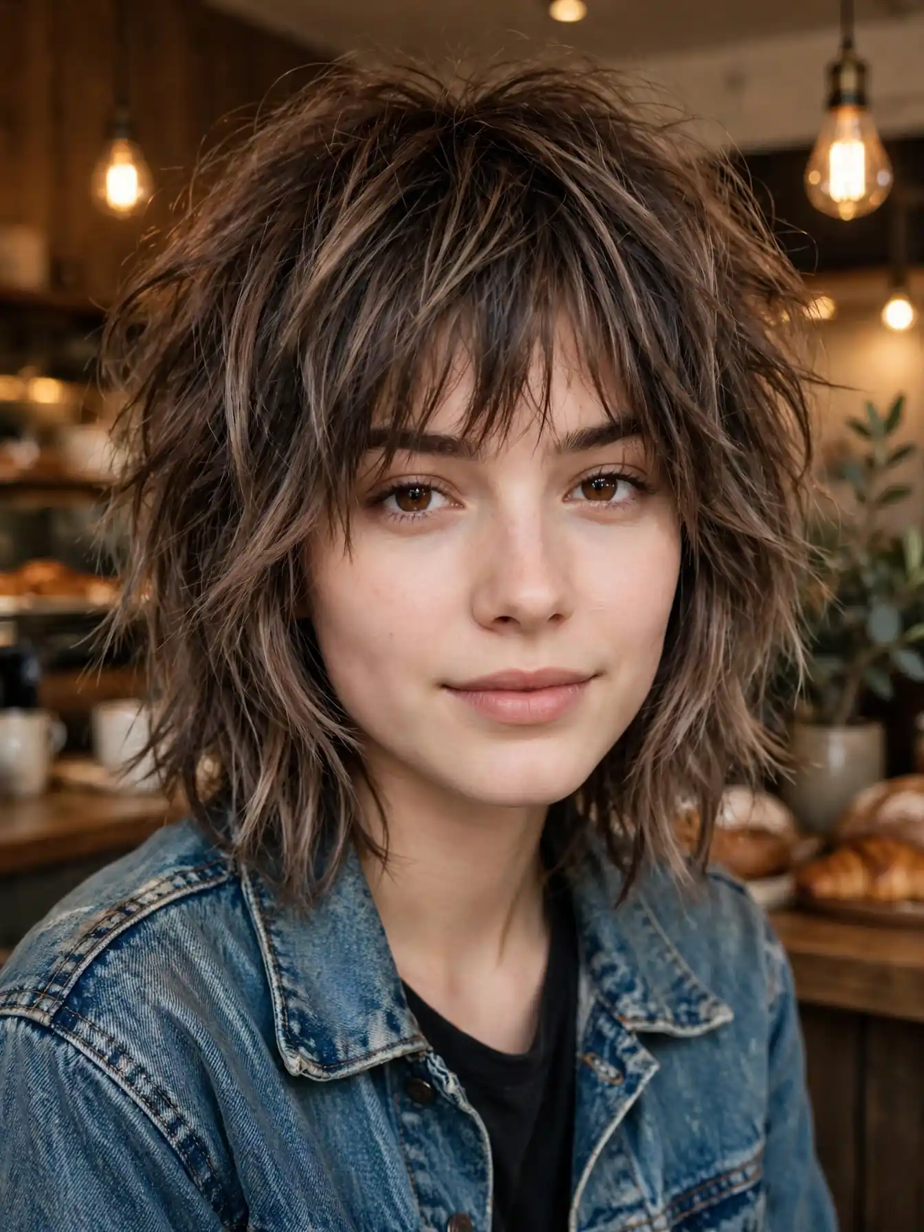 Smoky mocha balayage on a choppy shag