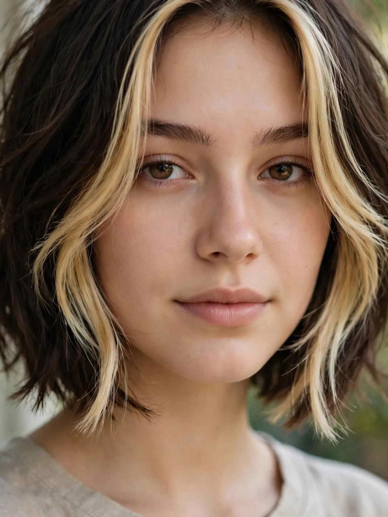Feathered bob with blonde money piece highlights