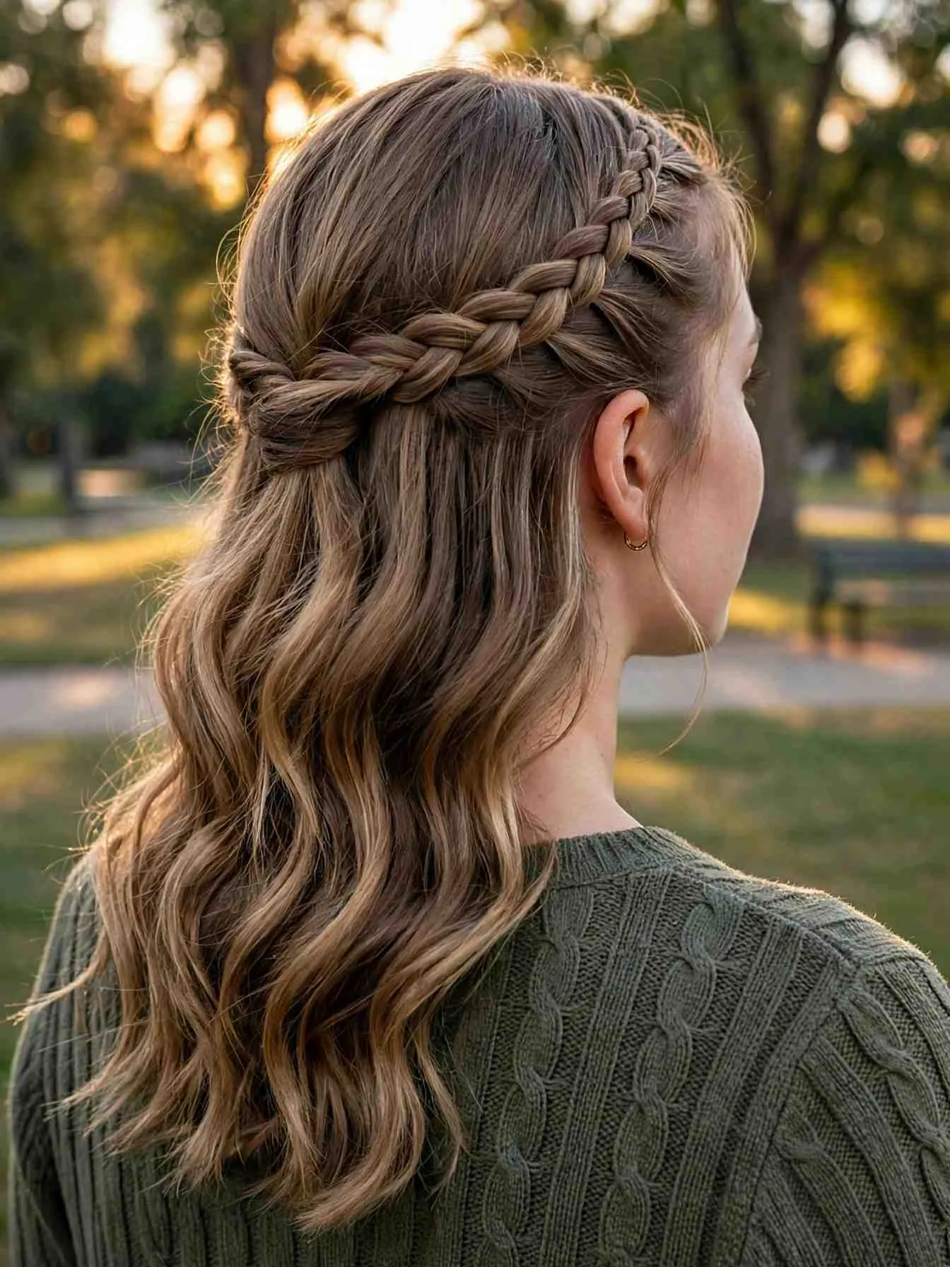 French braid arcing across the crown feeding into a half-up style