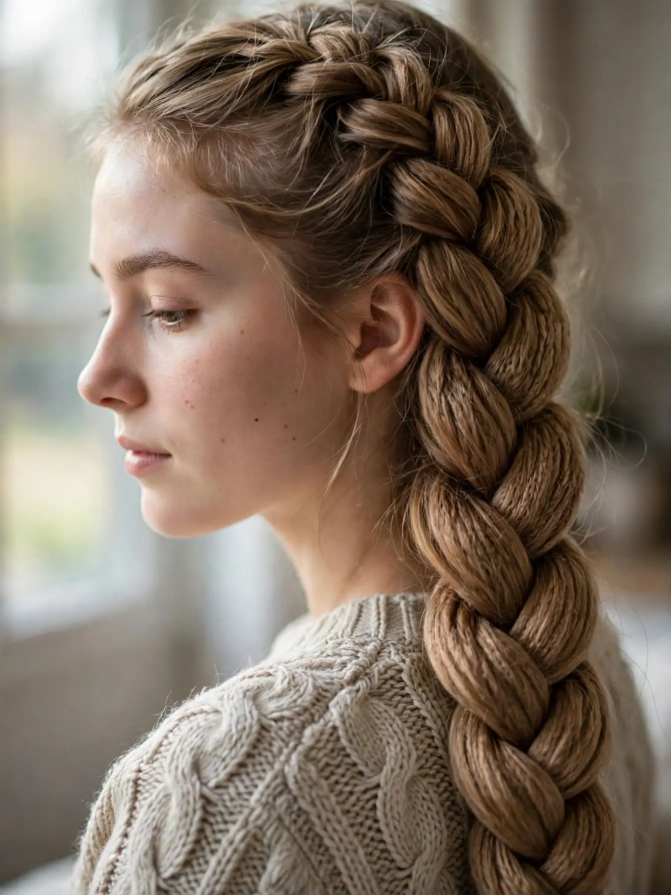 22 Cozy Winter Braid Hairstyles to Try This Season 20 Wide pancaked braid with chunky knit-like texture worn with a cable-knit sweater