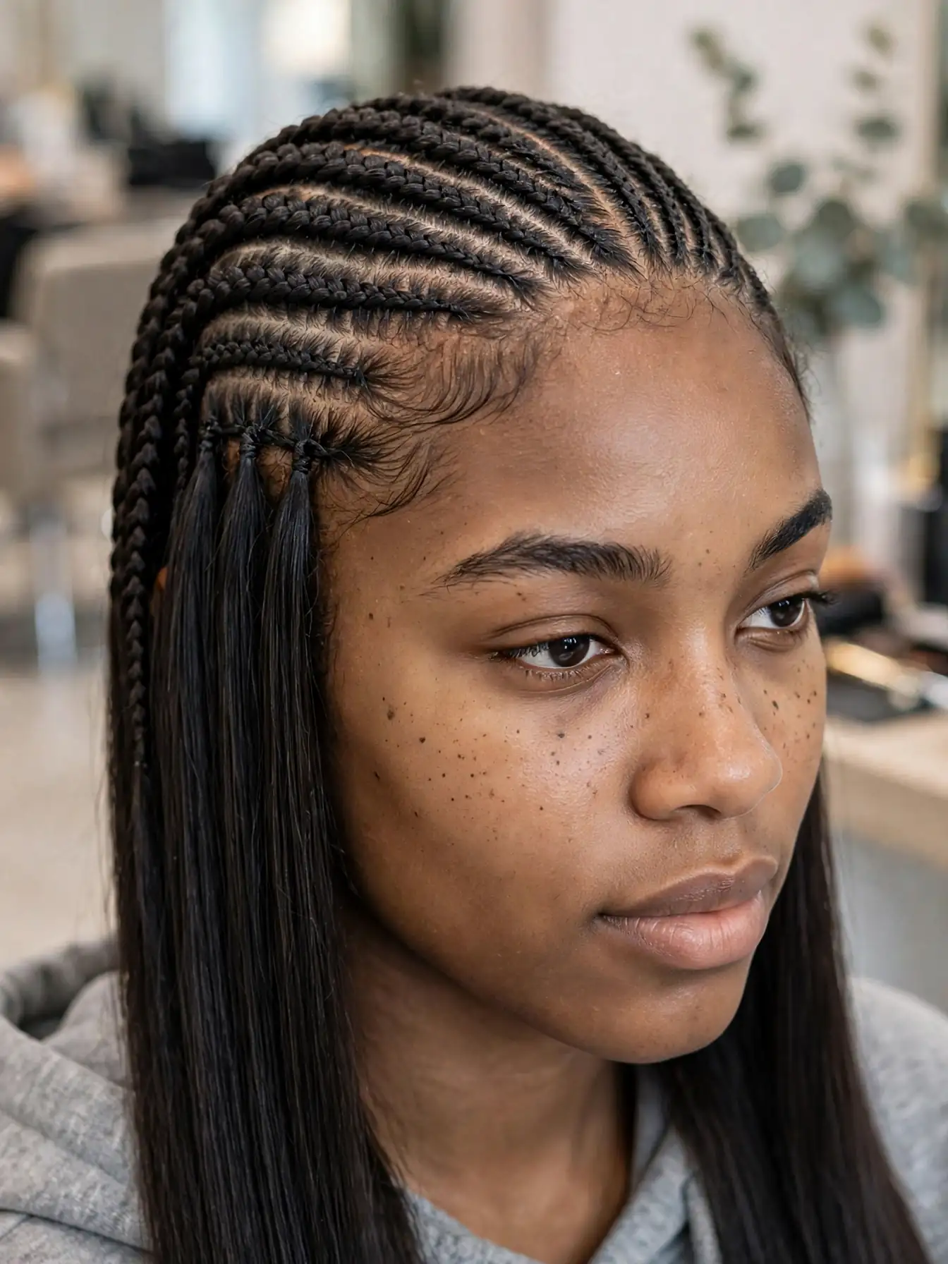 Flat braid base sew-in braided leave-out hairstyle with close scalp detail