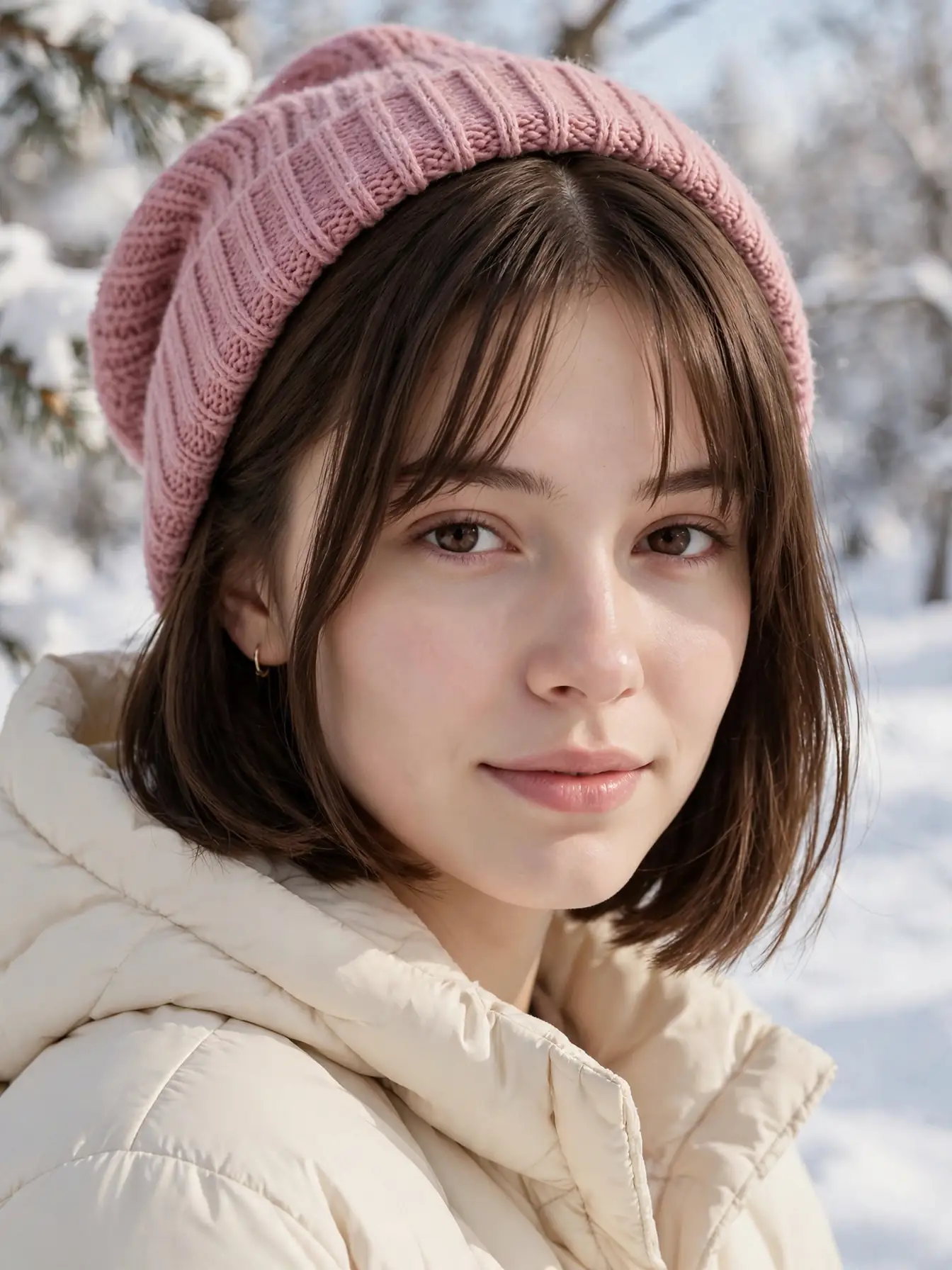 Chin-length winter bob with long face-framing curtain bangs peeking from a beanie