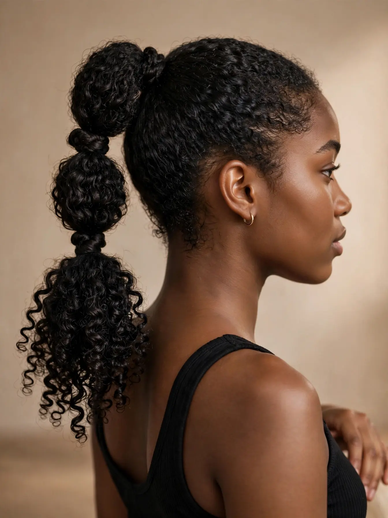High knotted ponytail with neat defined knots on stretched coily hair