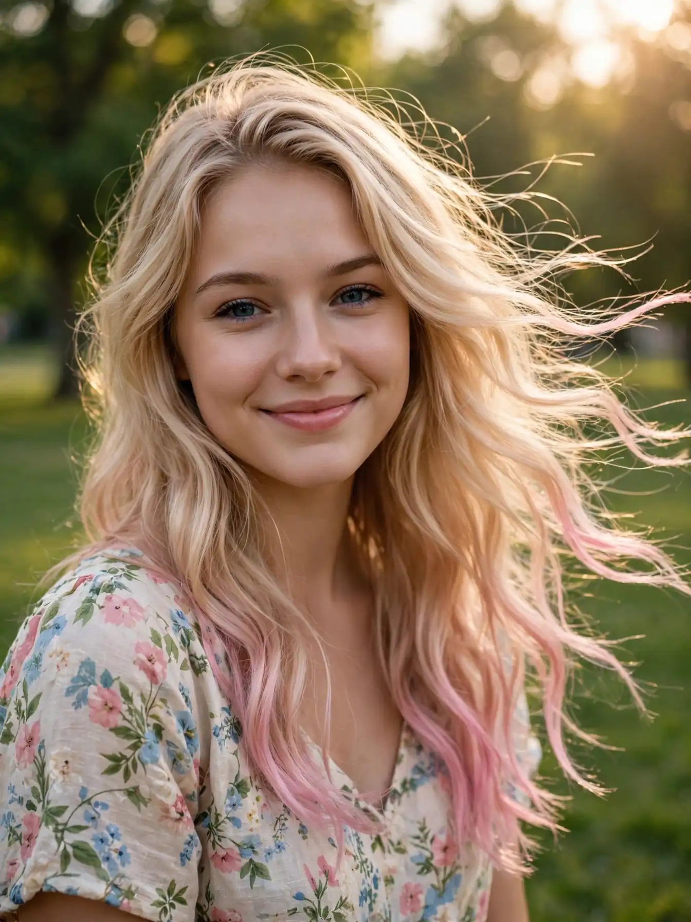 Natural blonde hair with pastel pink dip-dyed ends in loose, breezy waves.