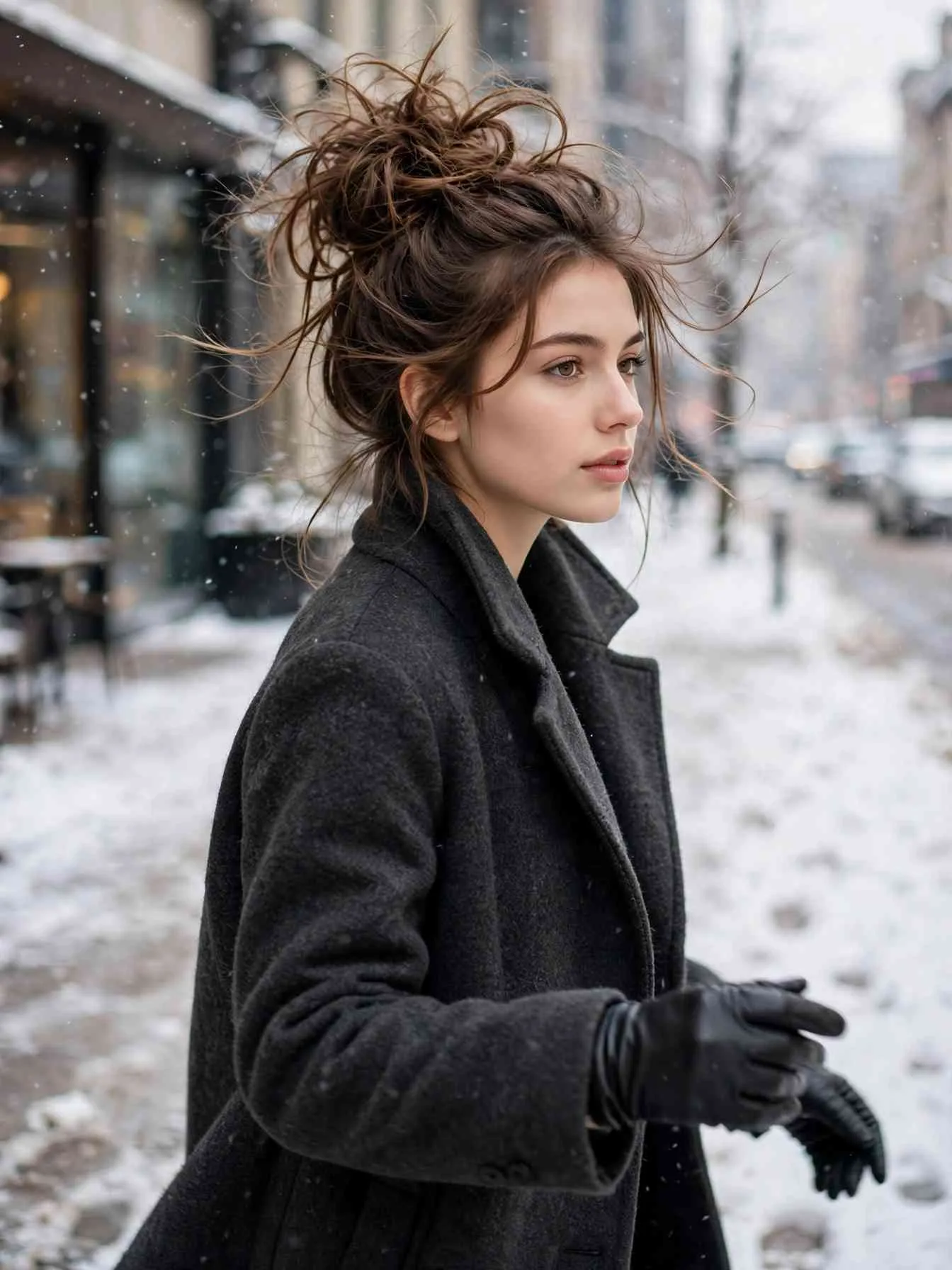 Quick voluminous messy top knot with full roots, charcoal wool coat, city snow