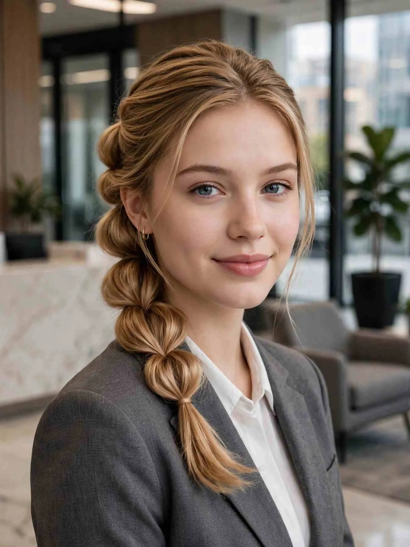 Low half-up bubble braid with three soft bubbles on honey-blonde hair.