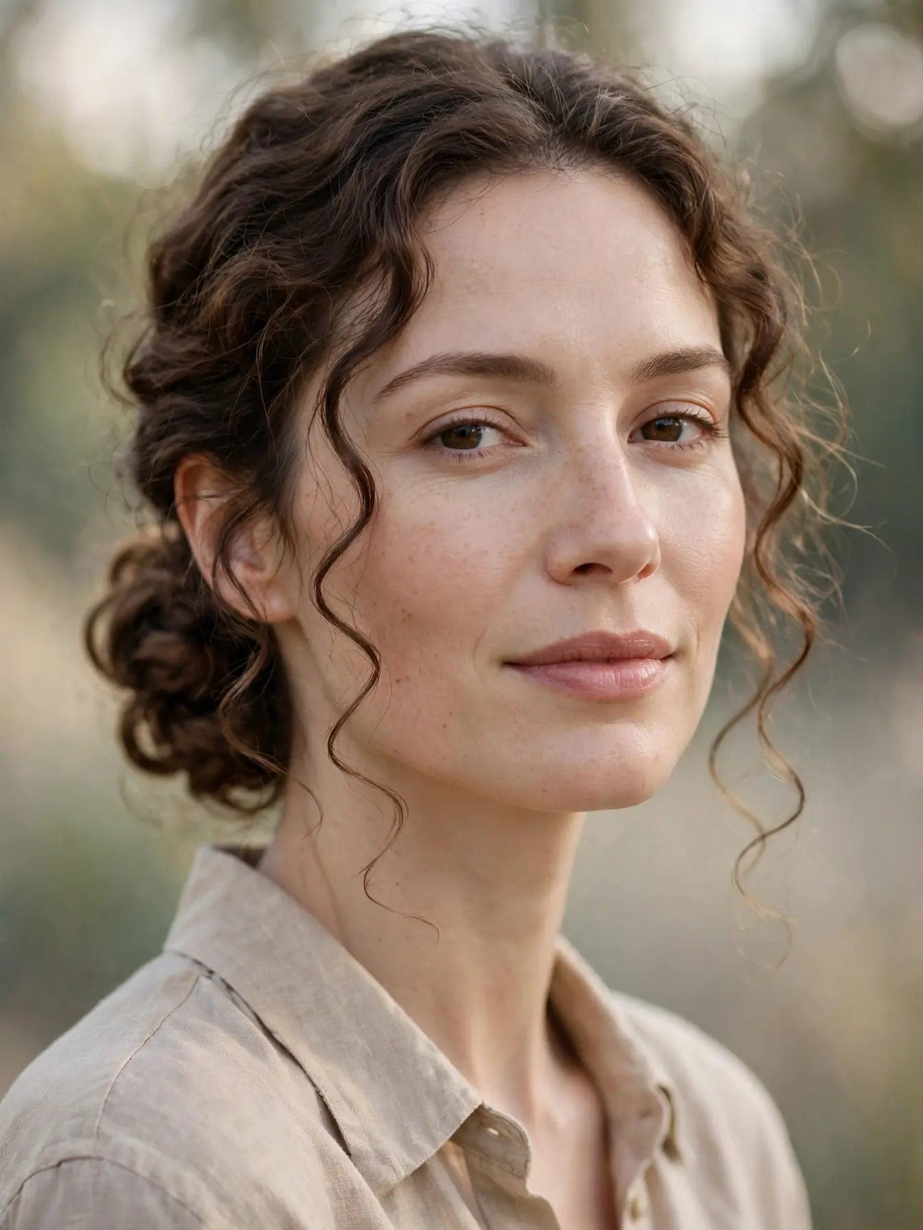 Low curly bun with soft face-framing curls