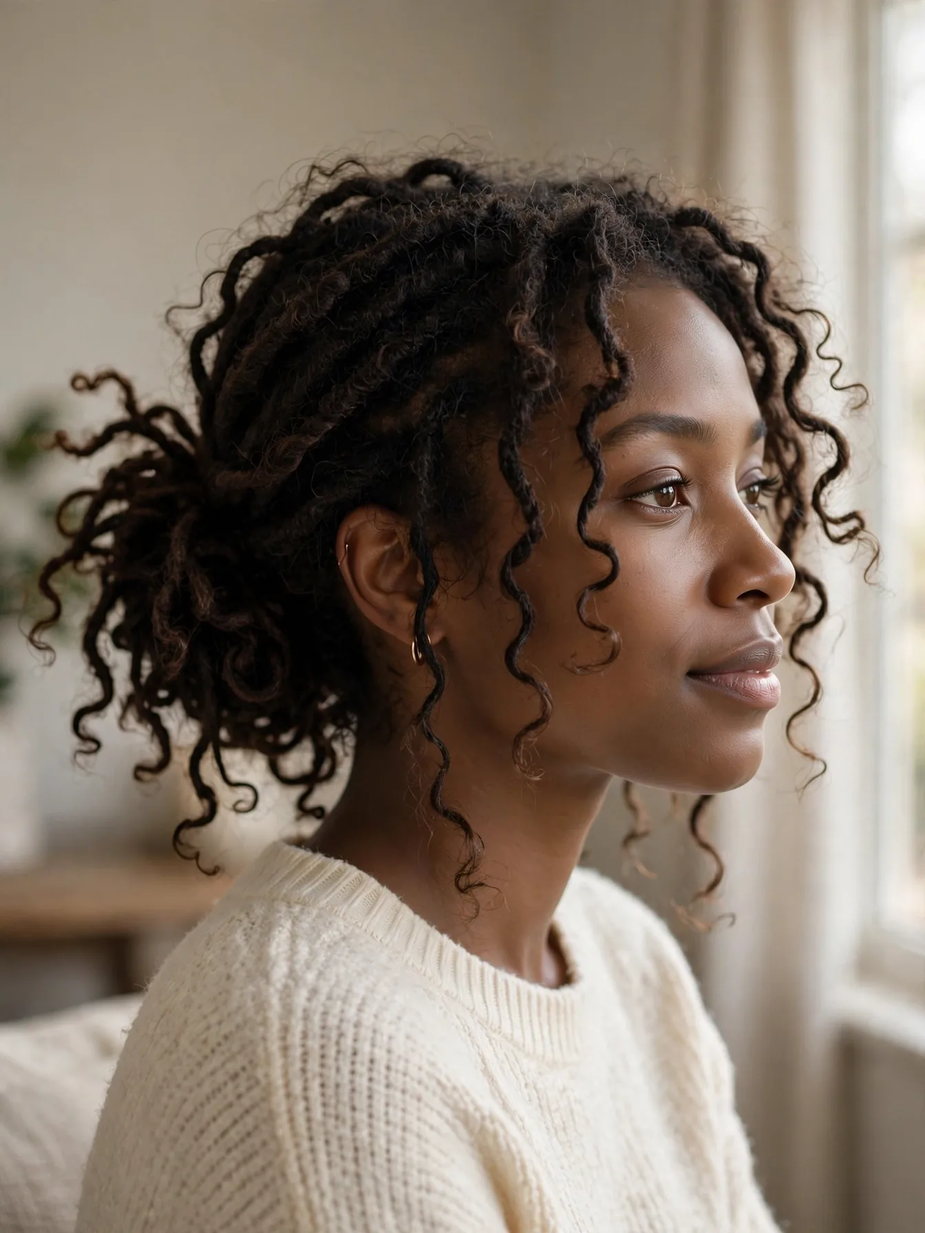 Woman with dark brown butterfly locs in a loose low messy bun