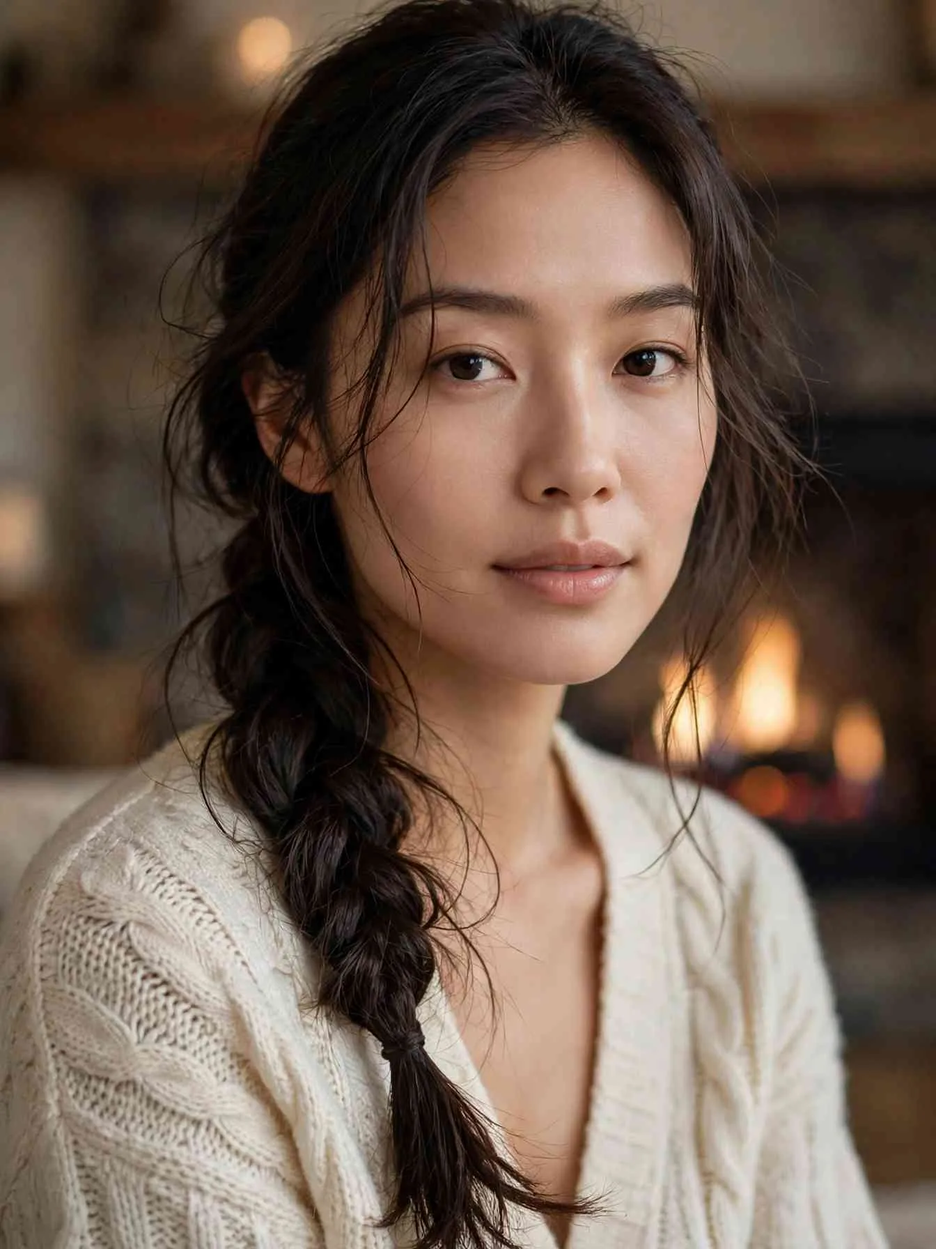 Loose pancaked three-strand braid draped over one shoulder