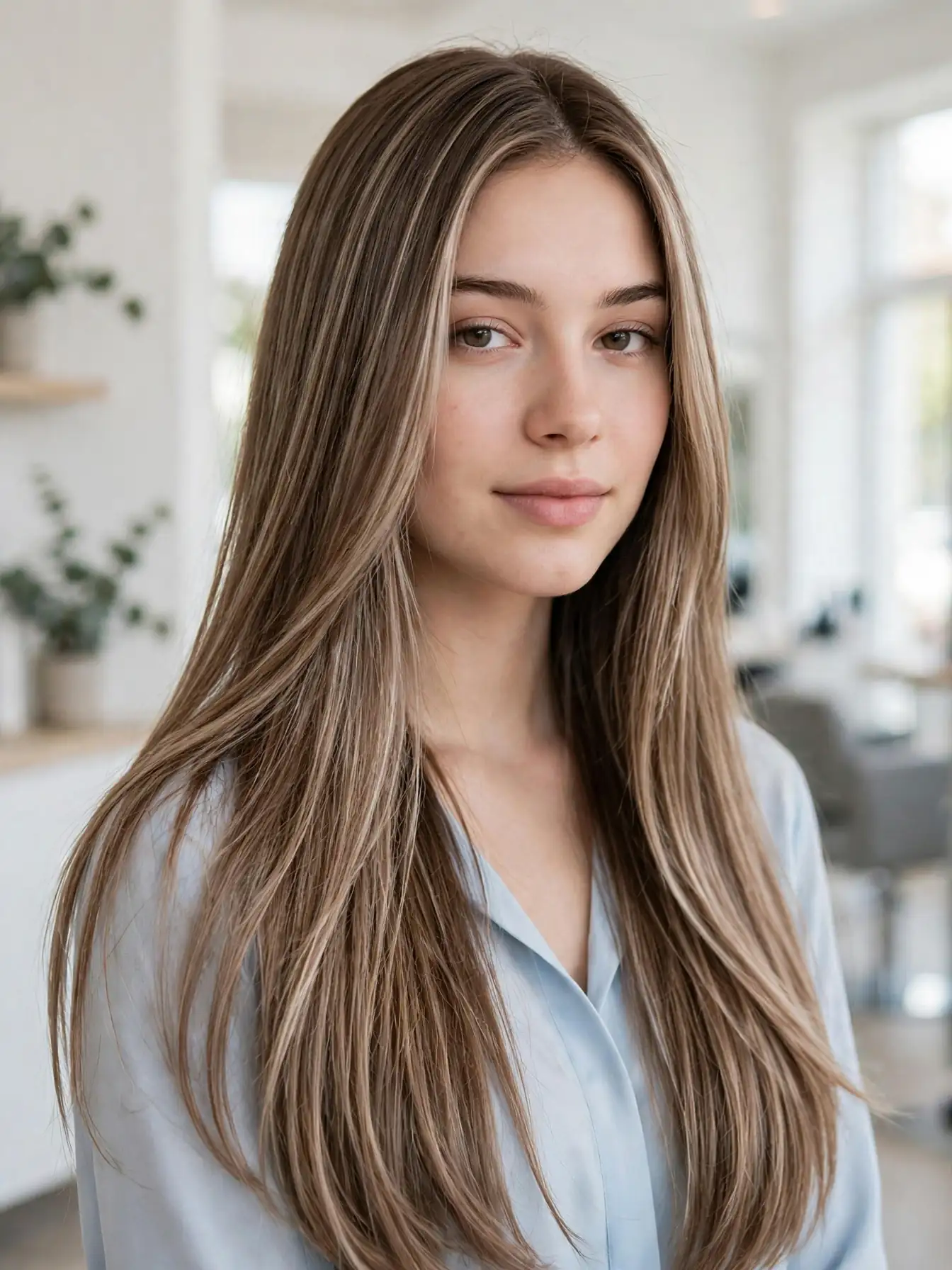 Milk mocha balayage blend on straight hair