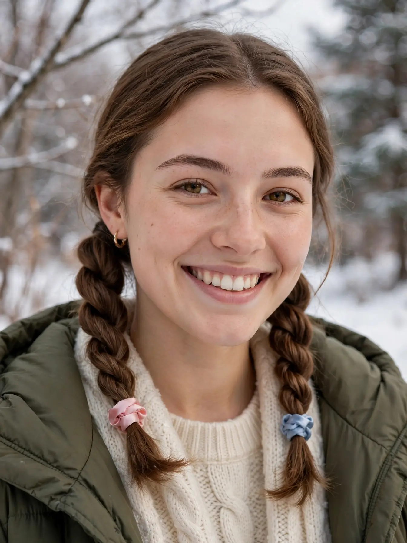 Rope-twist pigtails secured with satin scrunchies