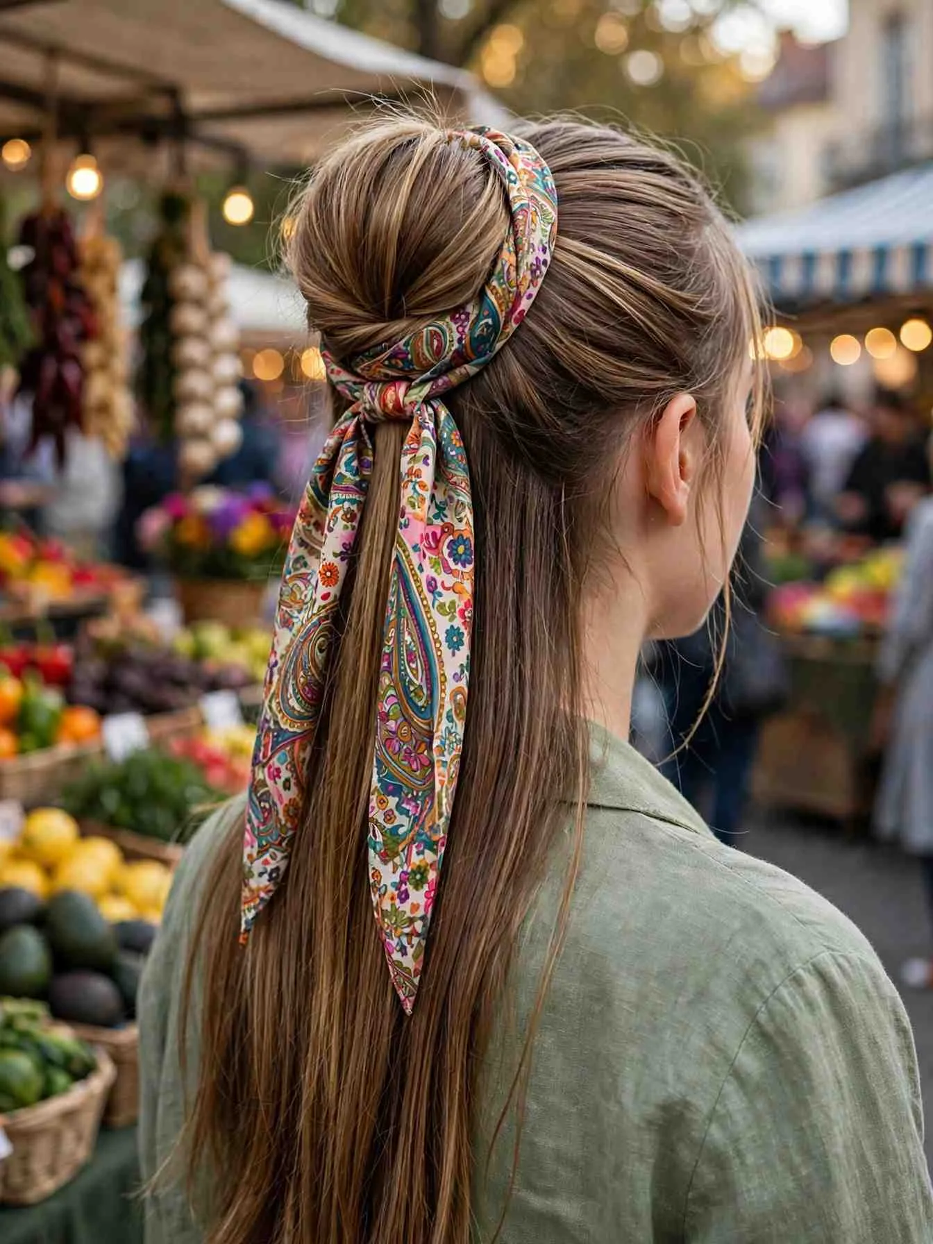 Half-up hairstyle wrapped with a patterned silk scarf band