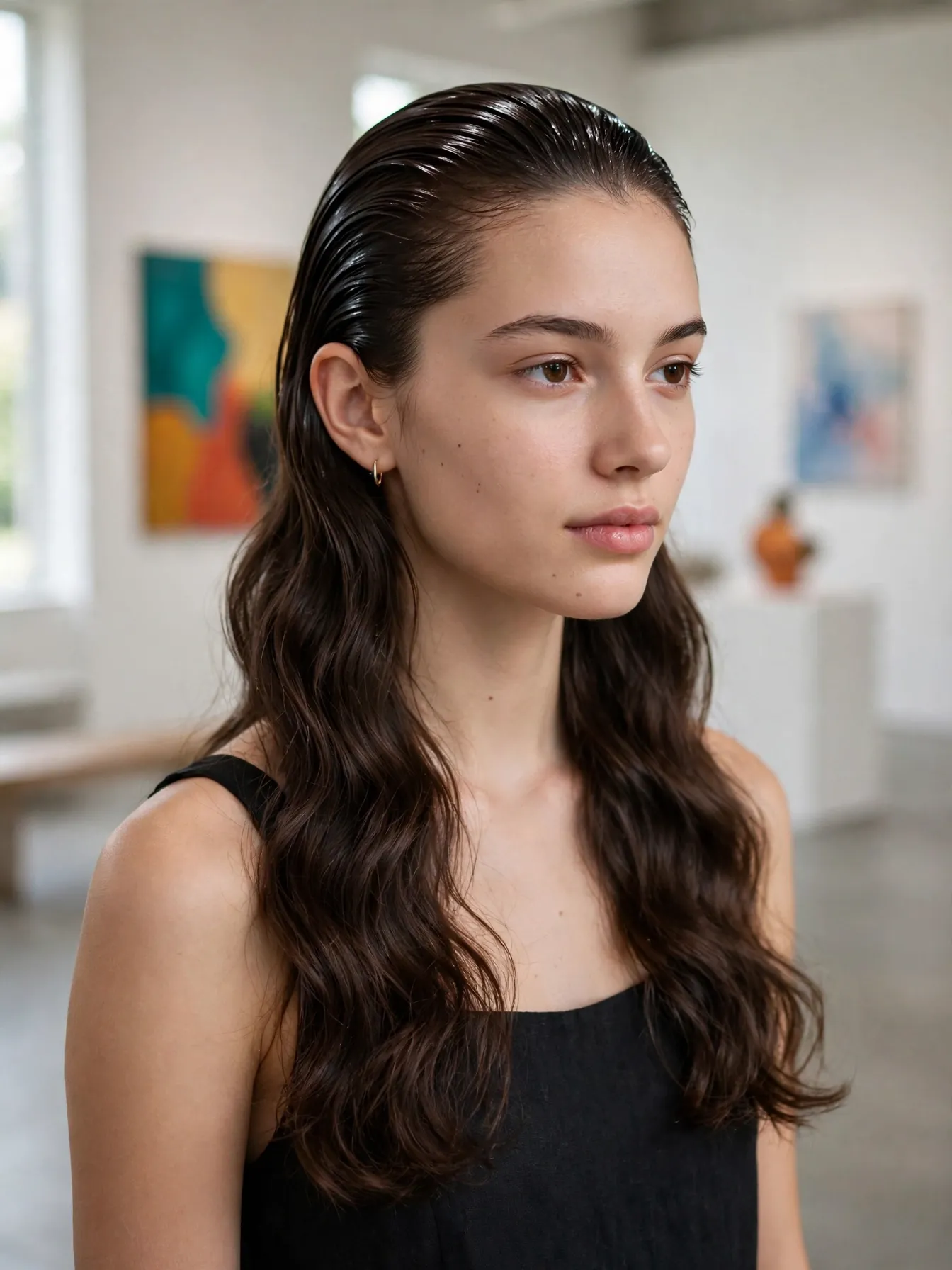 Sleek gelled crown with free-flowing wavy lengths