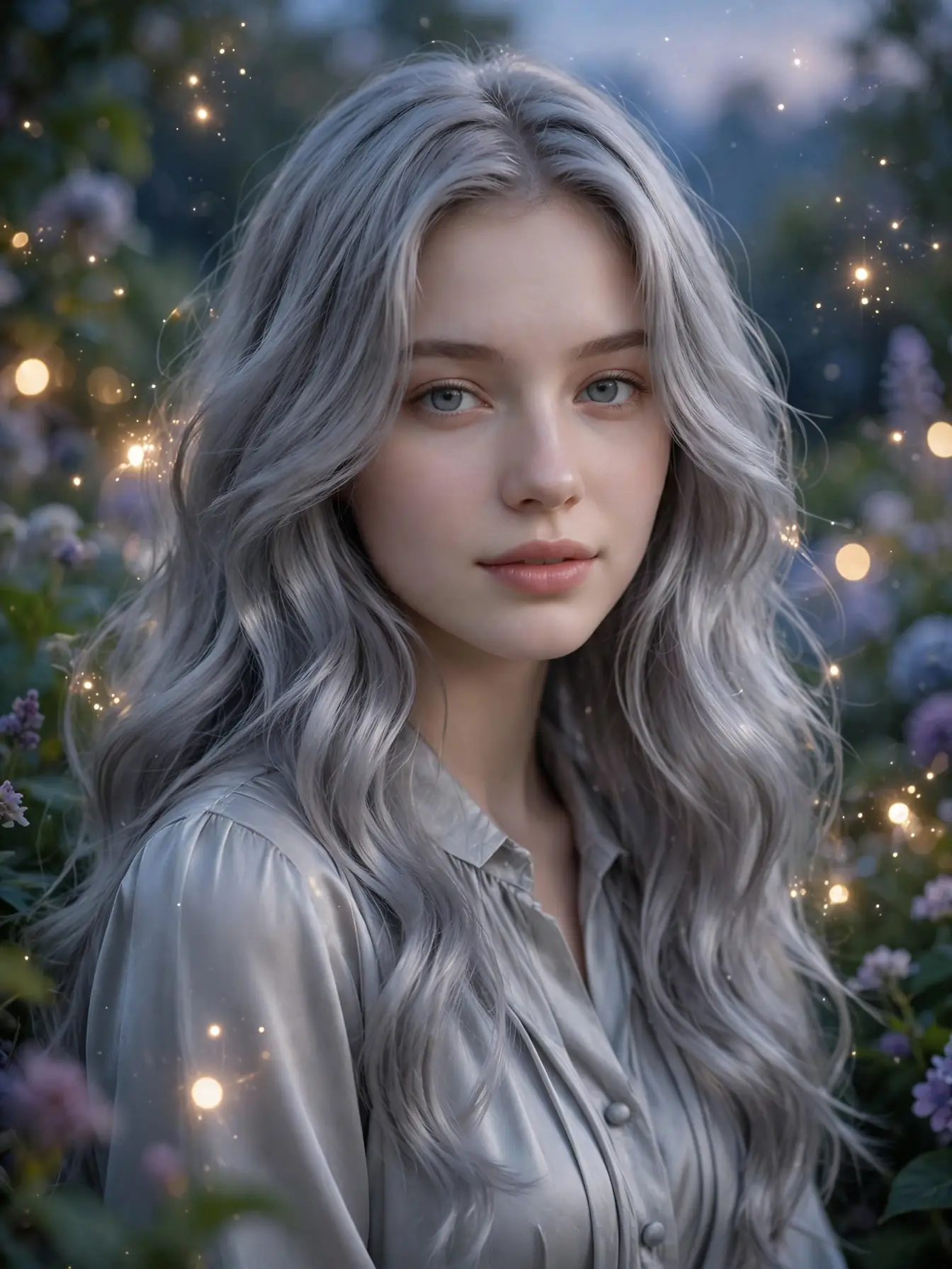 Long metallic silver waves in a twilight garden