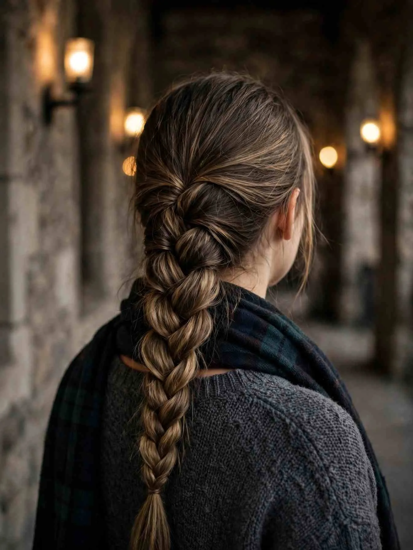 Low ponytail braided into a three-strand braid