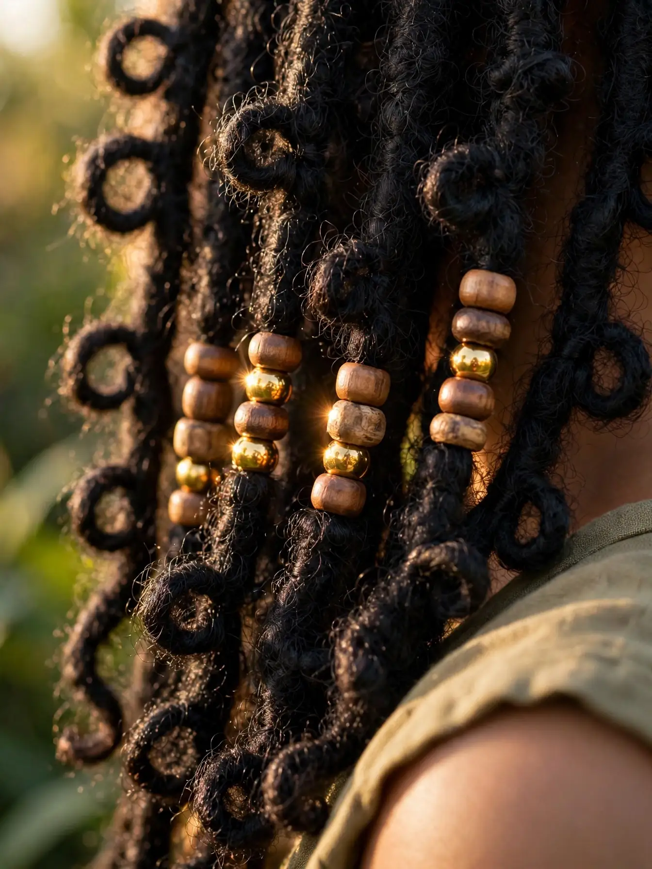 Close-up of black butterfly locs decorated with wooden and gold beads