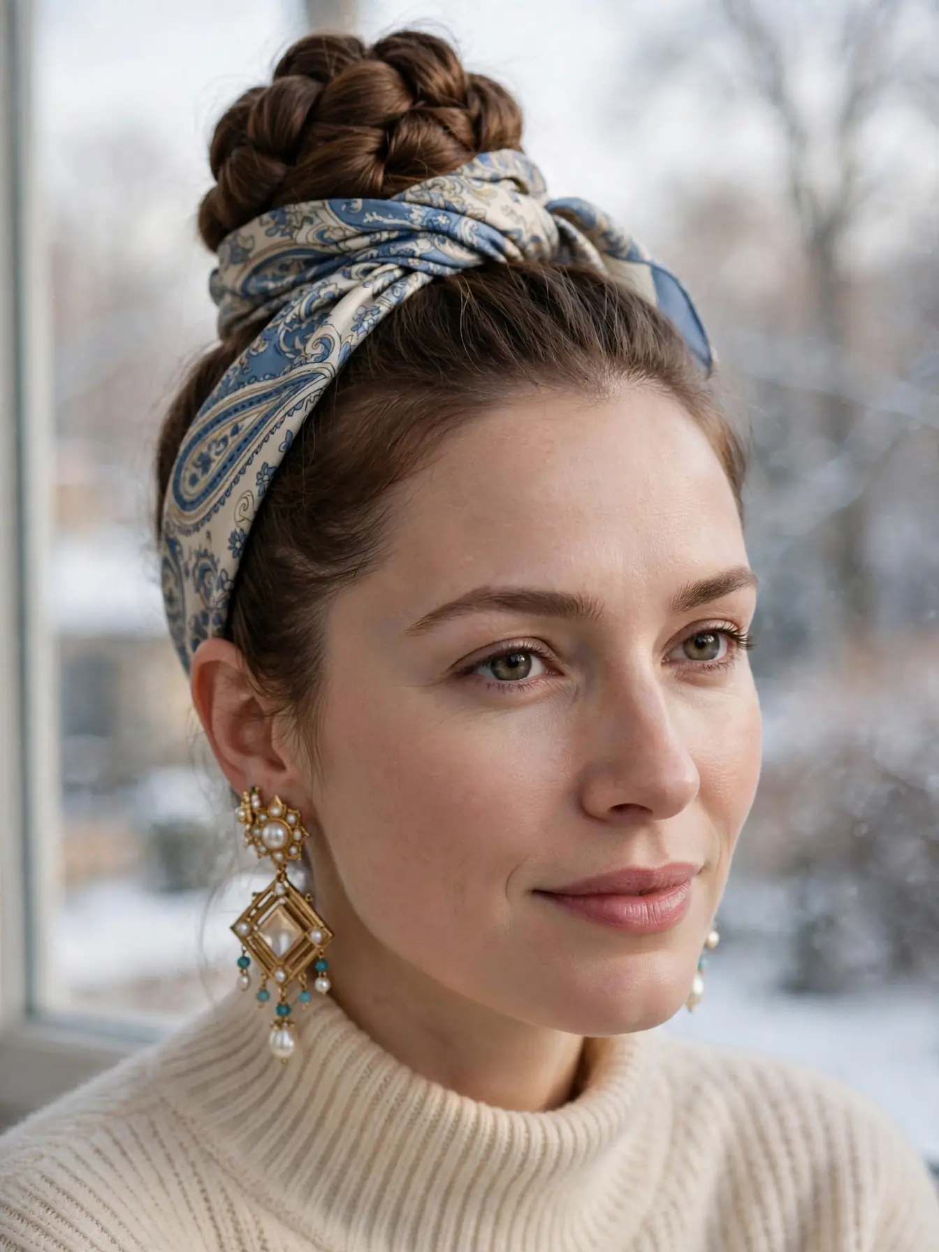 Braided top knot wrapped with a silk scarf