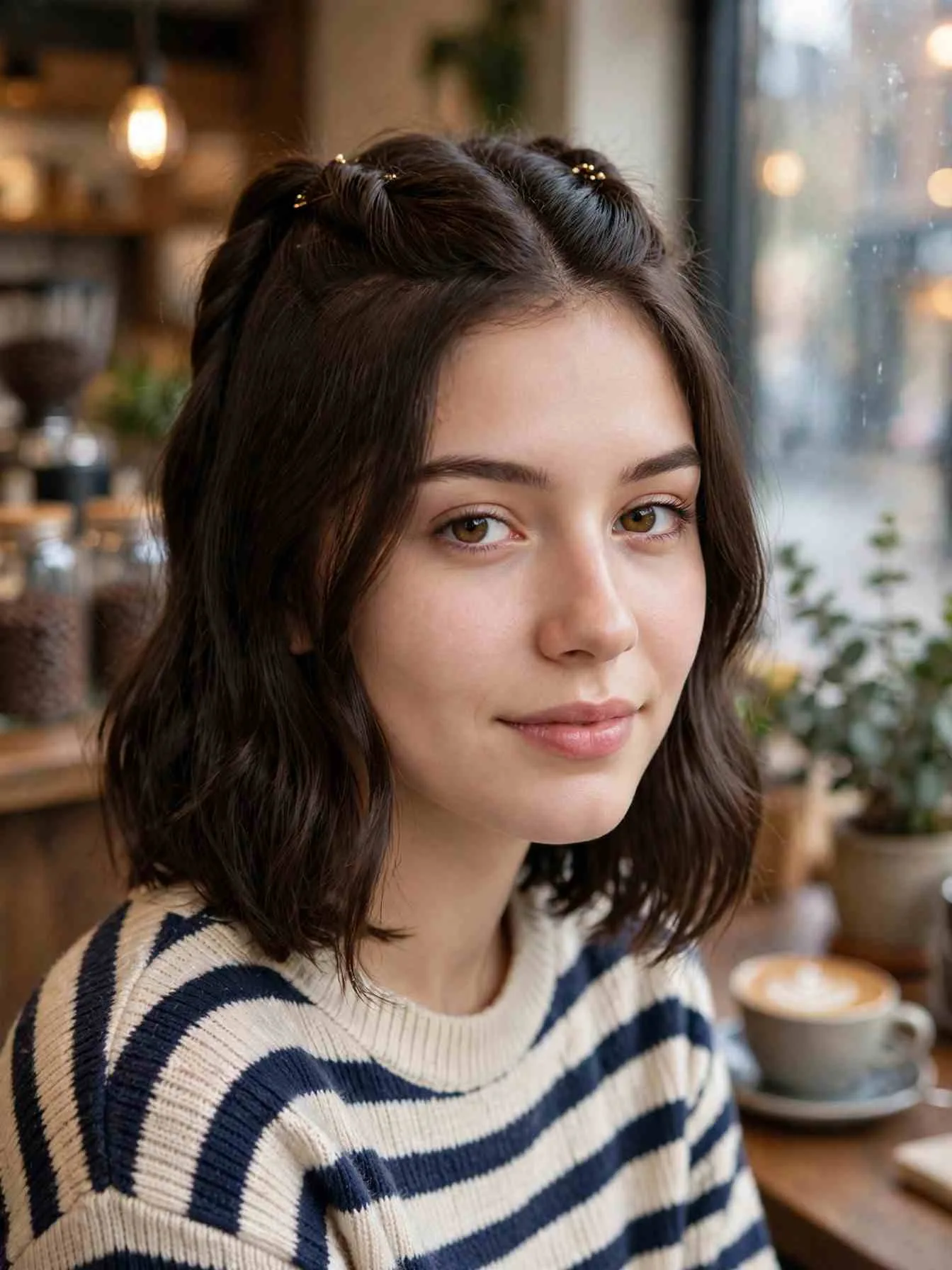 Shoulder-length bob in a half-up style with two twisted front sections.