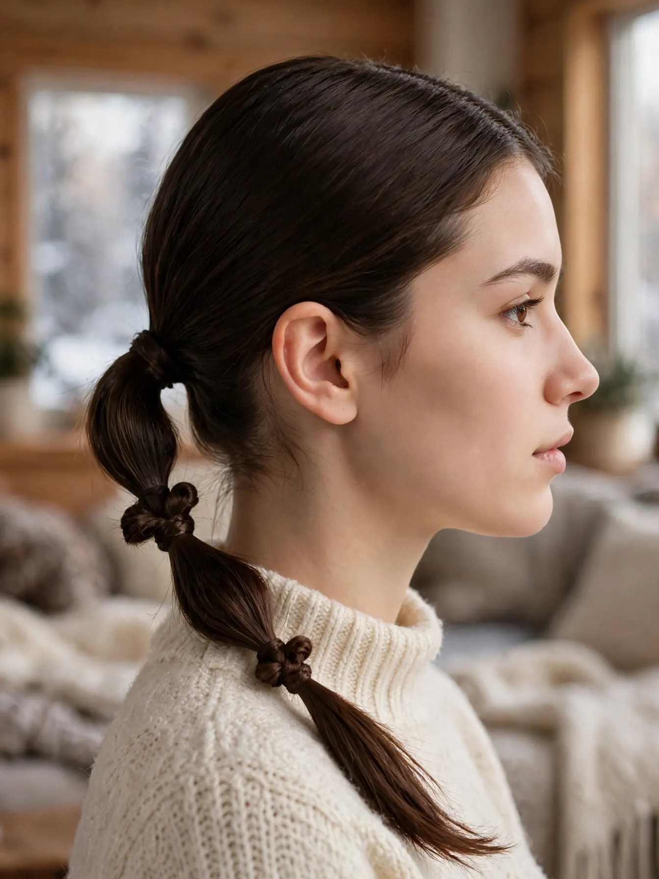 Low side infinity knot ponytail with two small knots behind the ear