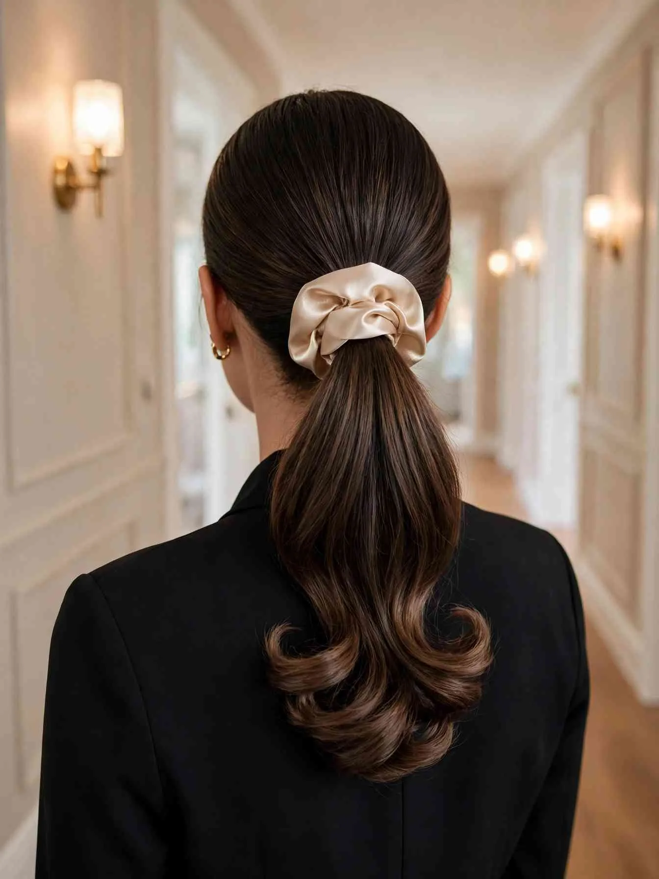 Low ponytail secured with a champagne satin scrunchie, back view