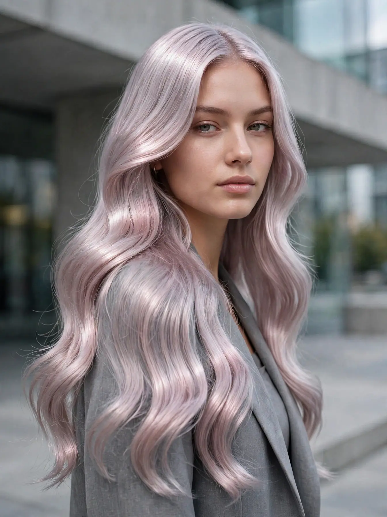 Sleek, glossy metallic silver-pink waves with a mirror-like shine.