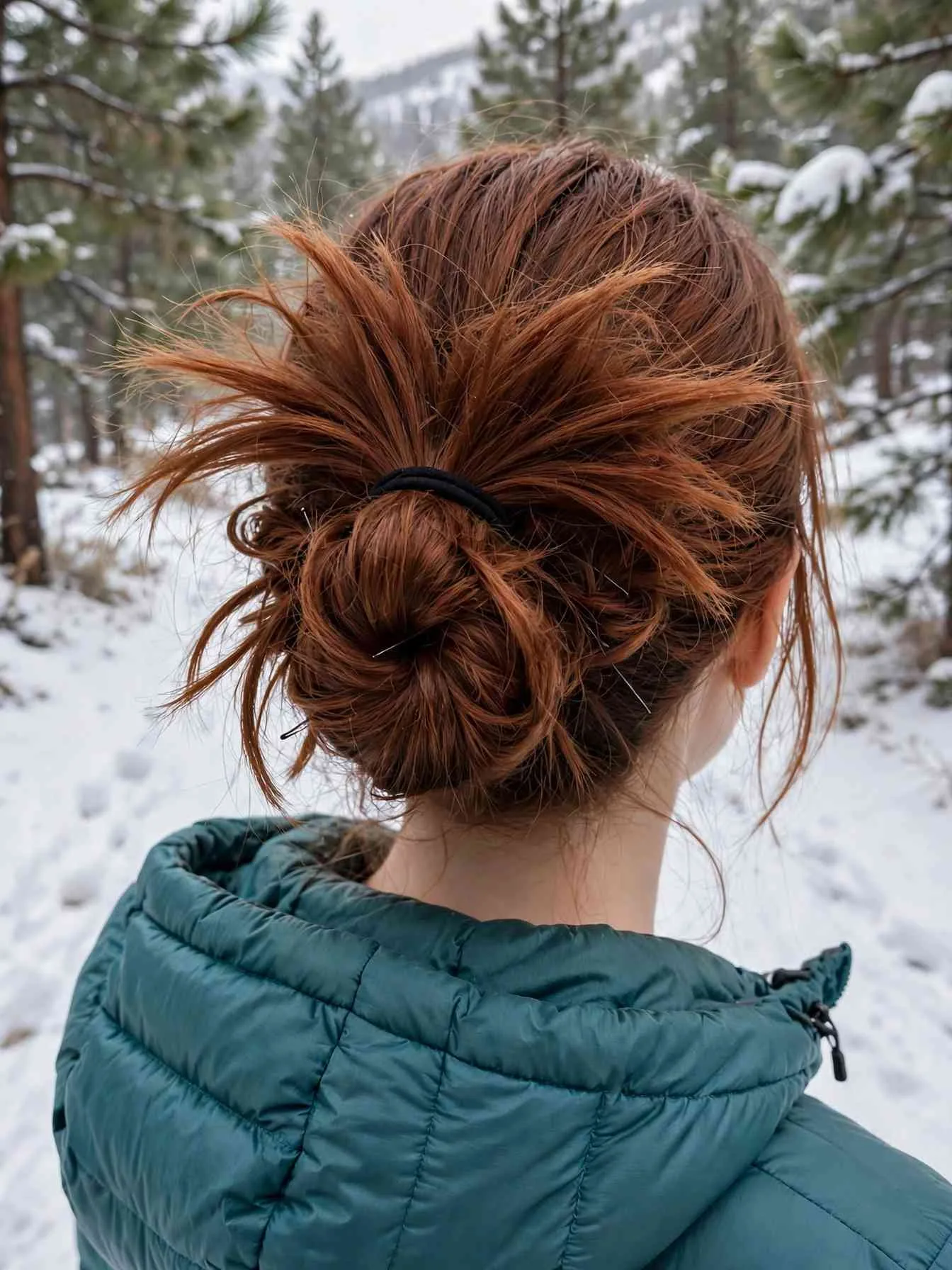 Looped messy bun fanned wide with pinned ends, snowy hiking trail, teal puffer