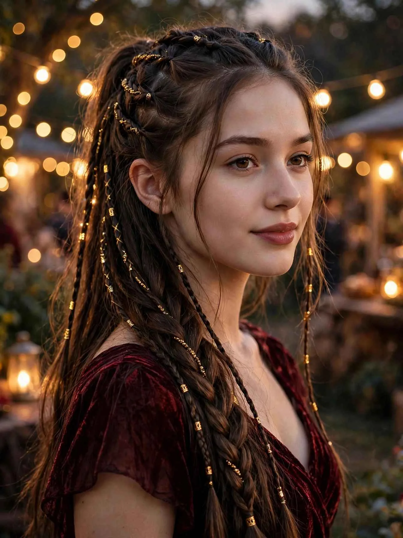 Half-up hairstyle with small gold beads on accent strands