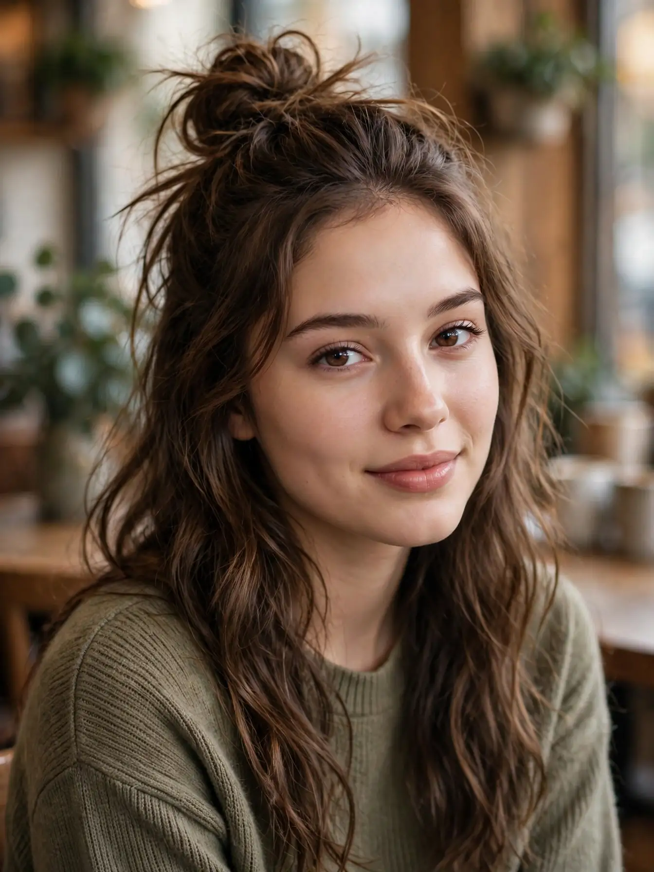 Messy half-up top knot with long wavy hair left down