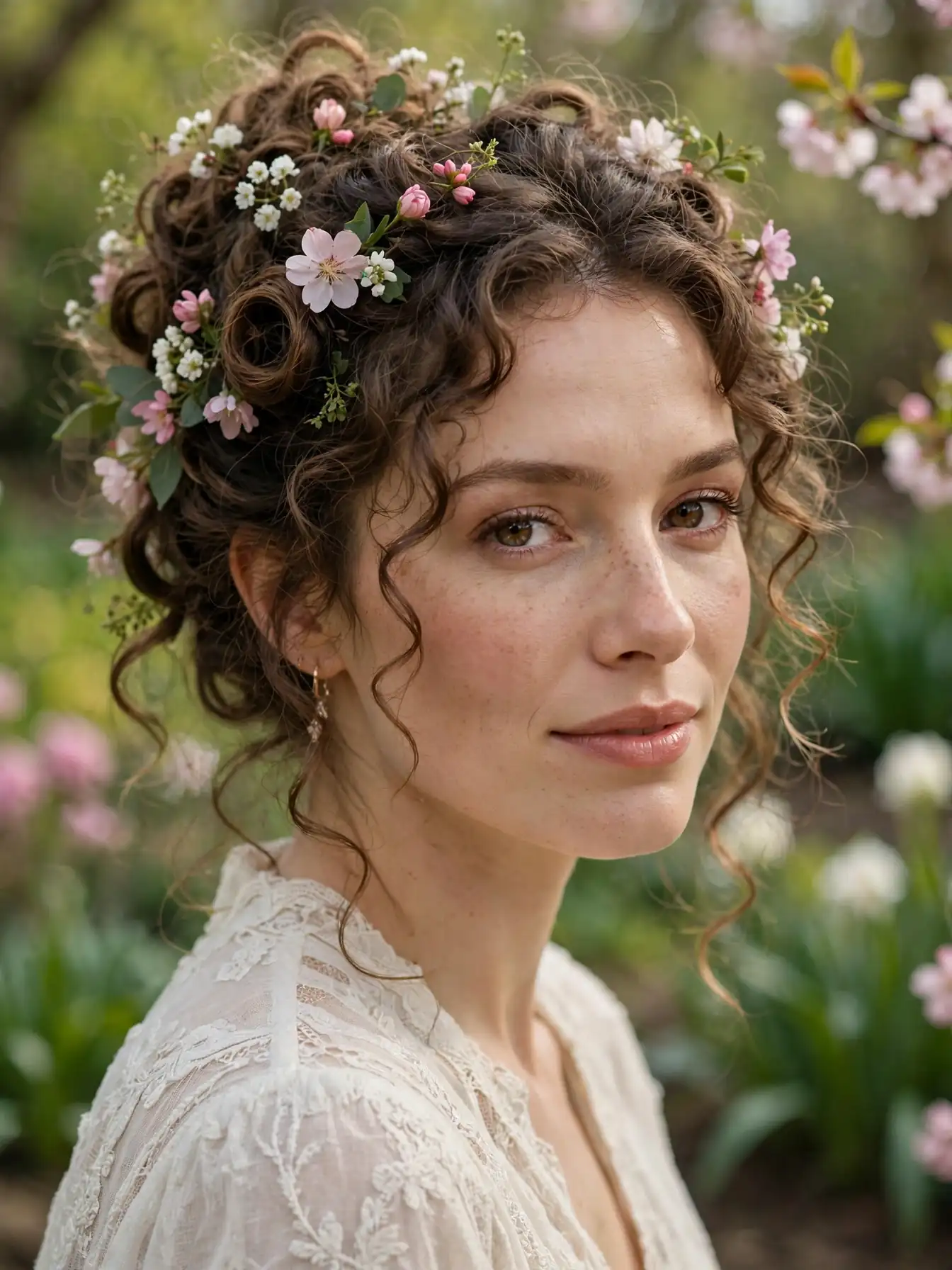 Elegant Updo for Curly Hairstyles: 20 Timeless Ideas 20 Curly updo decorated with fresh flowers