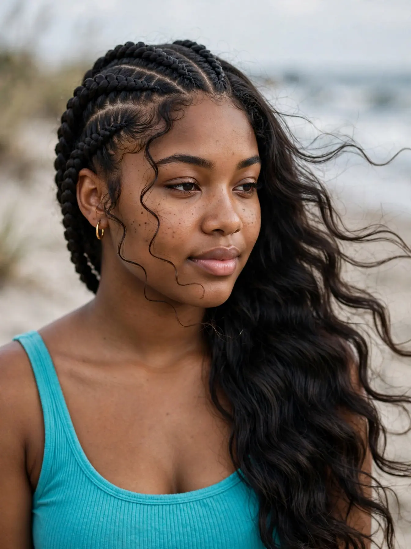 Goddess braids sew-in braided leave-out hairstyle with flowing water wave bundles