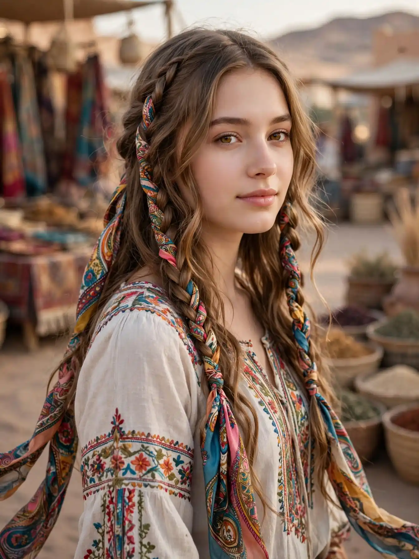 Boho waves with a colorful silk scarf woven through braids