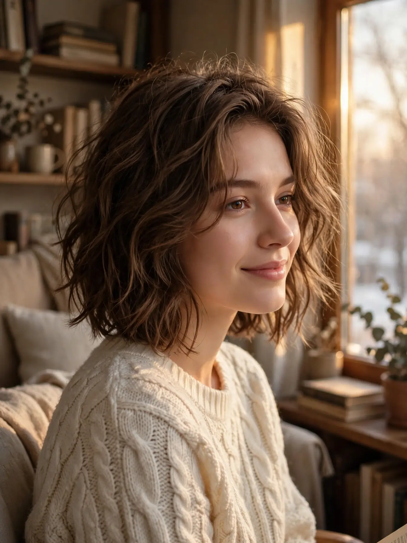 Tousled wavy winter bob with soft broken waves worn with cozy knitwear