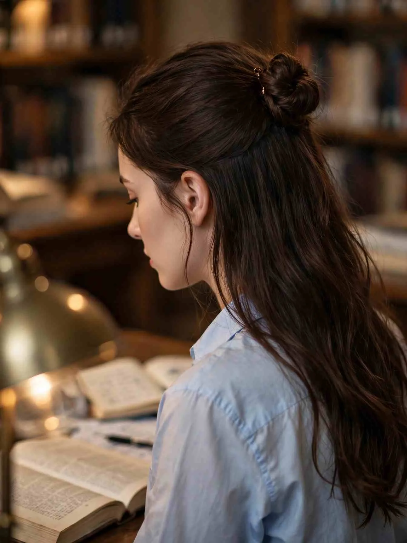 Half-up top knot with loose lengths falling past shoulders