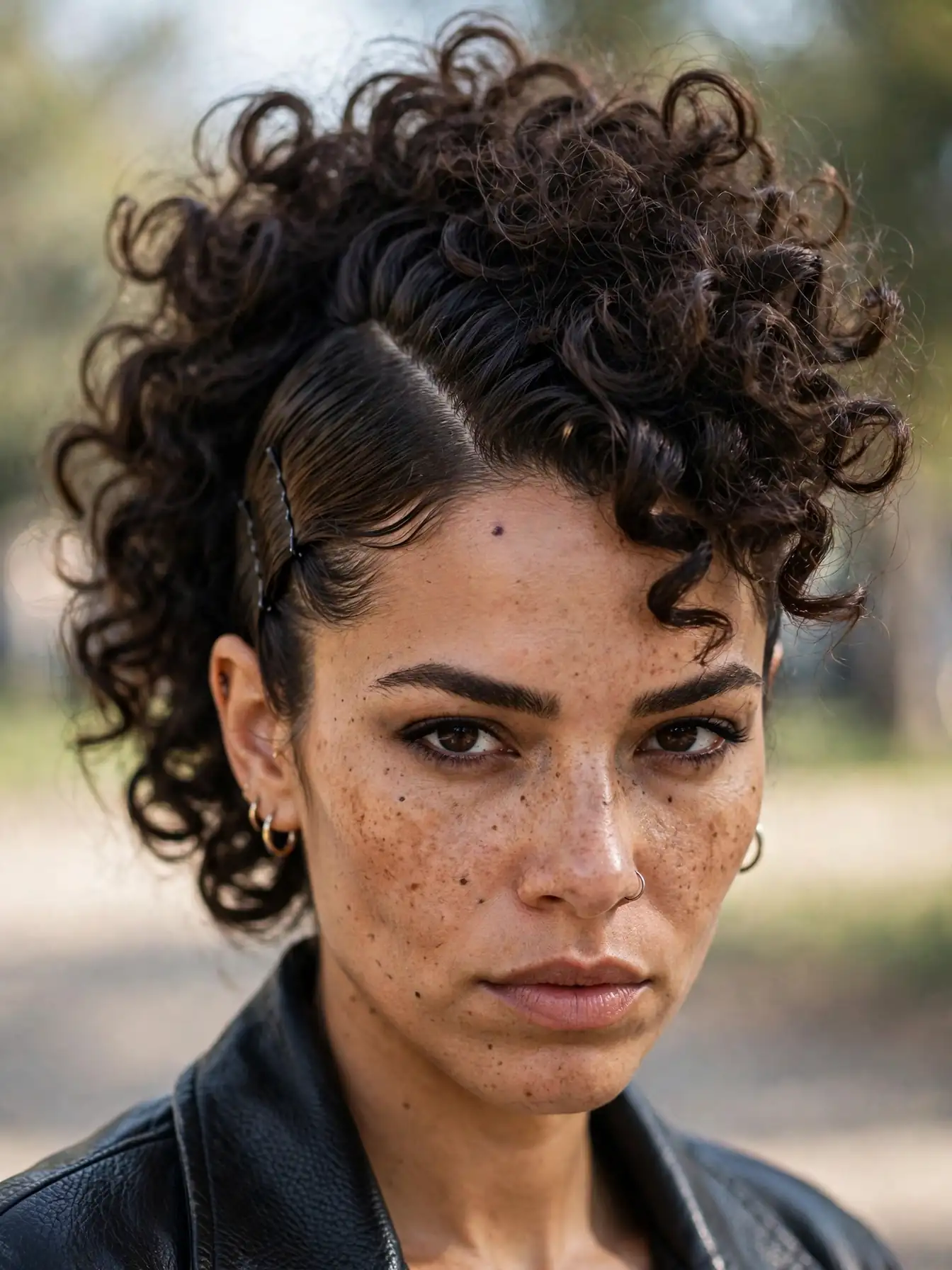 Curly faux hawk updo with pinned sides