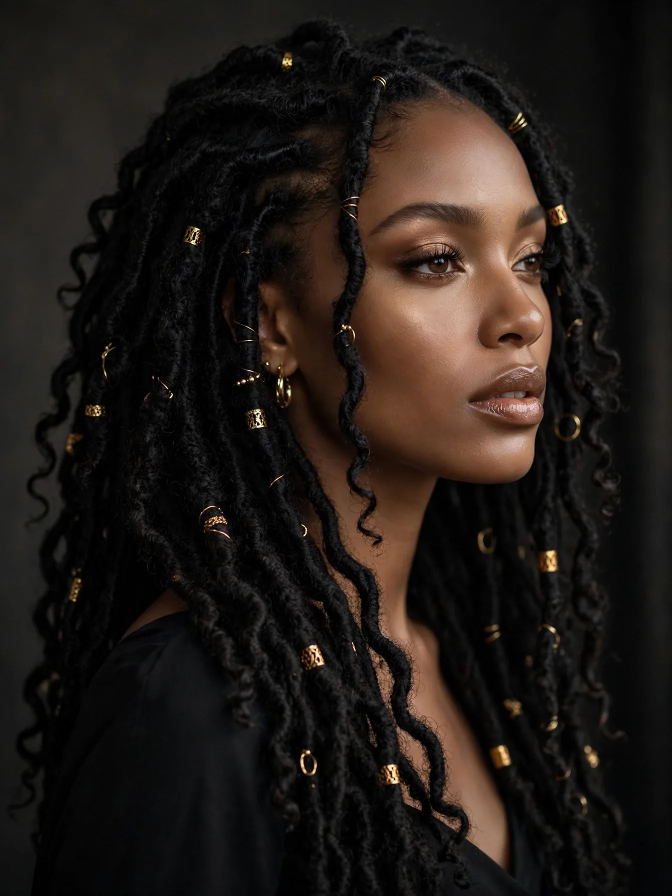 Woman with long black butterfly locs adorned with gold hair cuffs