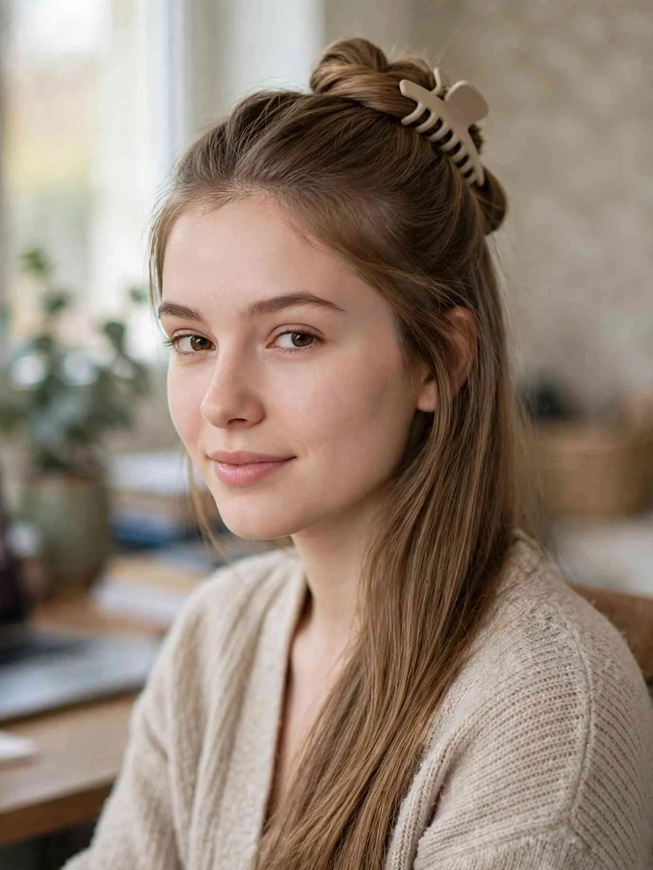 22 Clean Girl Hairstyles to Look Polished Every Day 20 Half-up twist secured with a matte neutral claw clip
