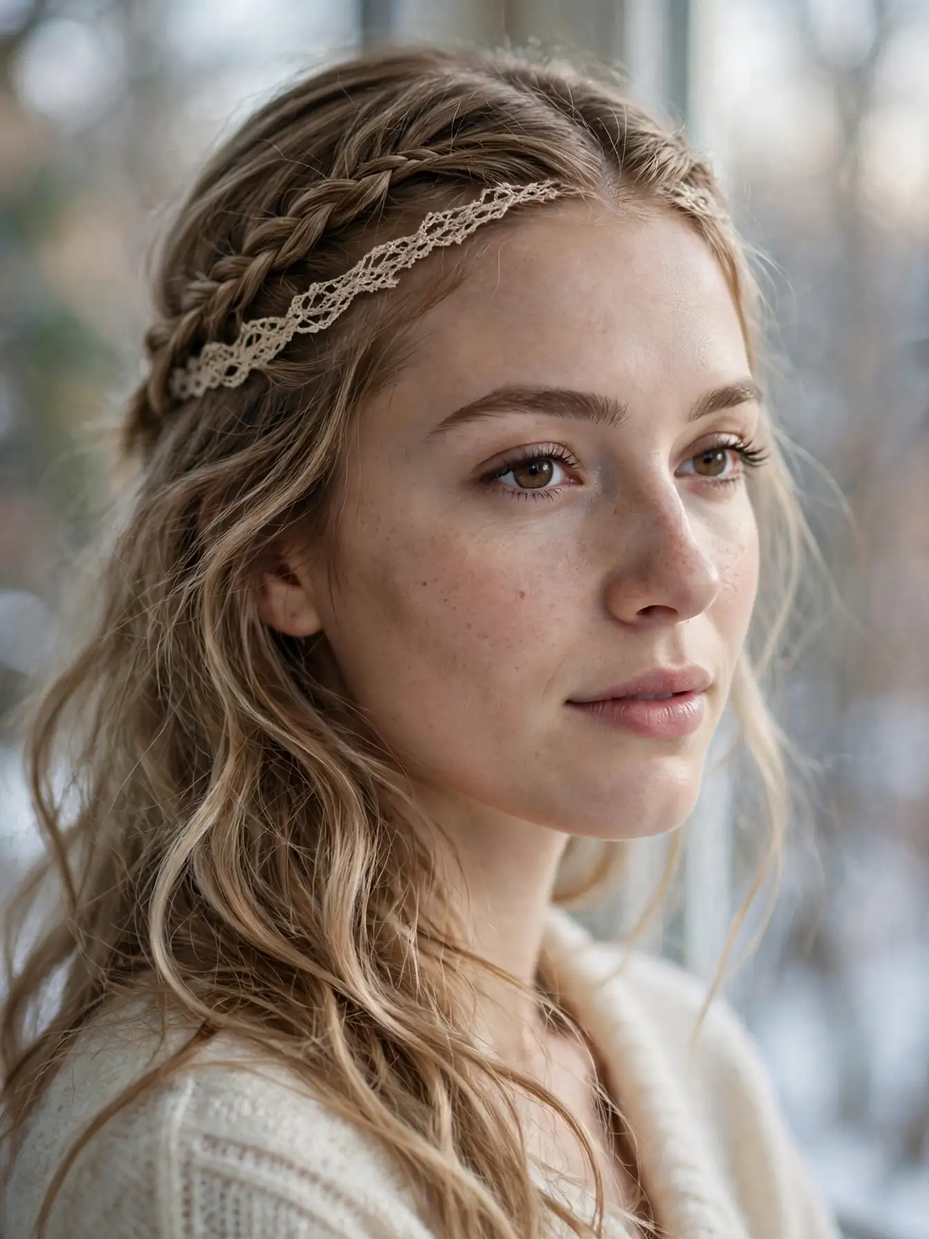 Lace braid tracing the hairline with loose hair behind
