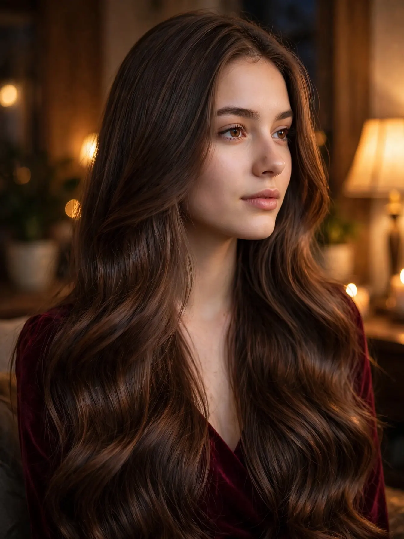 Low-contrast rich mocha balayage with tonal depth