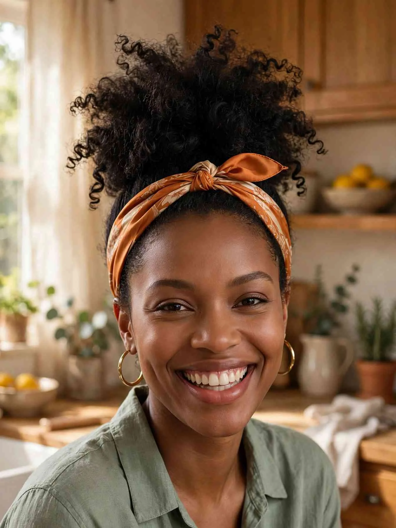 Curls gathered into a high pineapple updo with a silk scarf headband