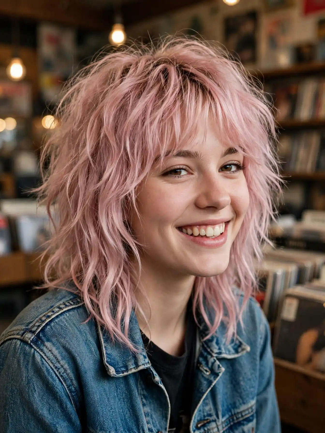Choppy pastel pink shag haircut with curtain fringe and tousled waves.