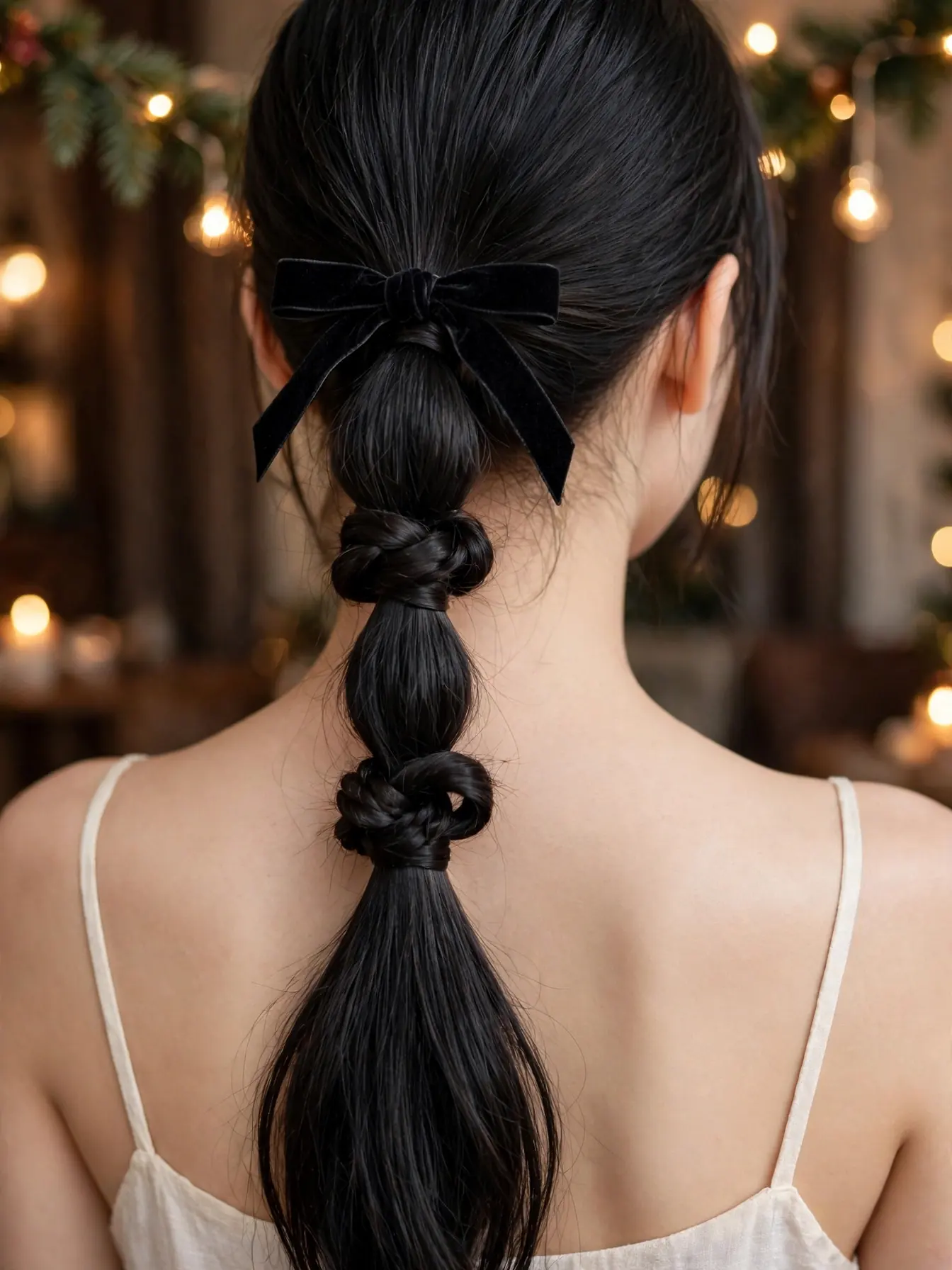 Knotted ponytail with a black velvet ribbon bow tied at the base