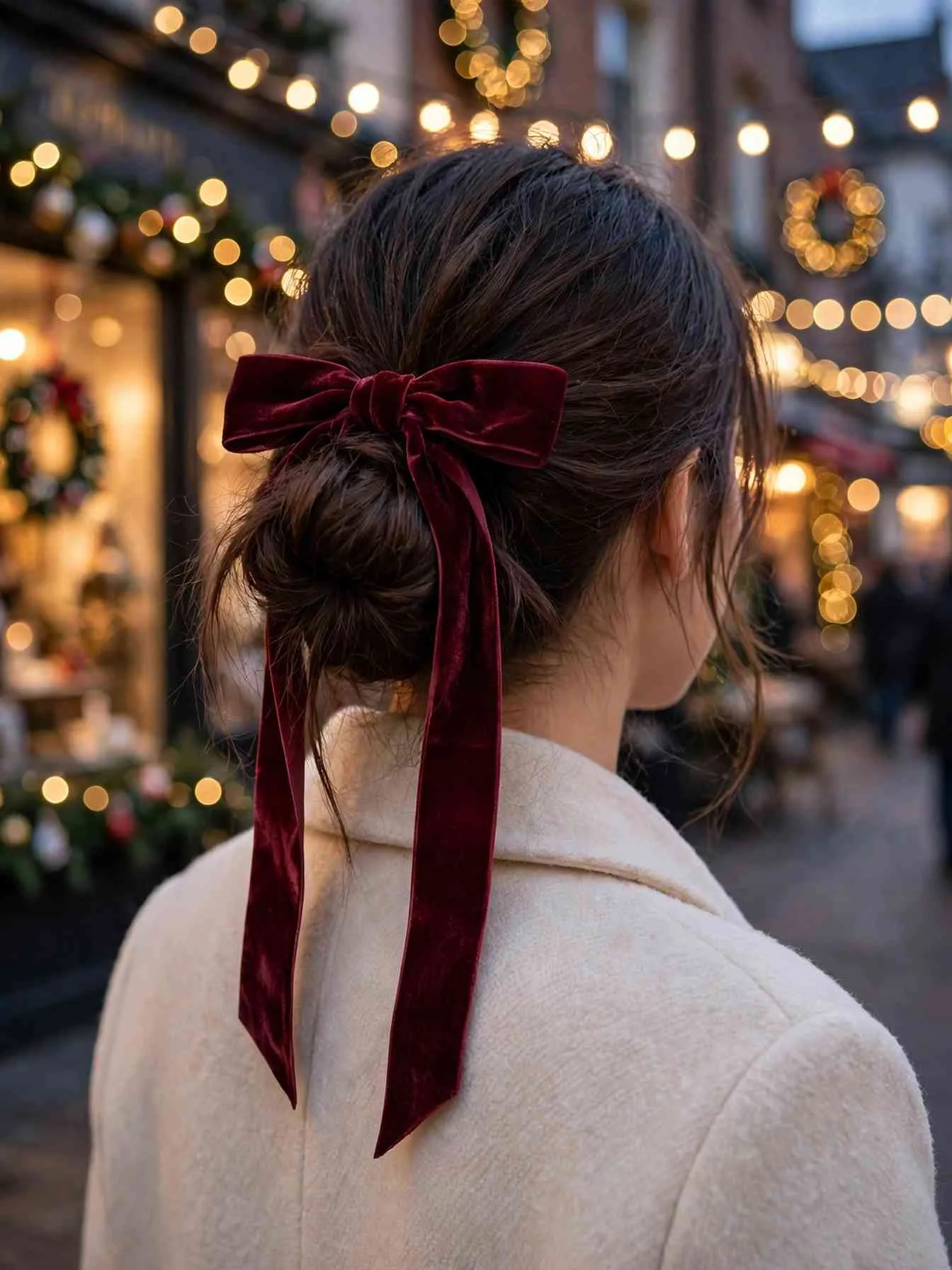 Low messy bun tied with a burgundy velvet ribbon bow, festive shop lights