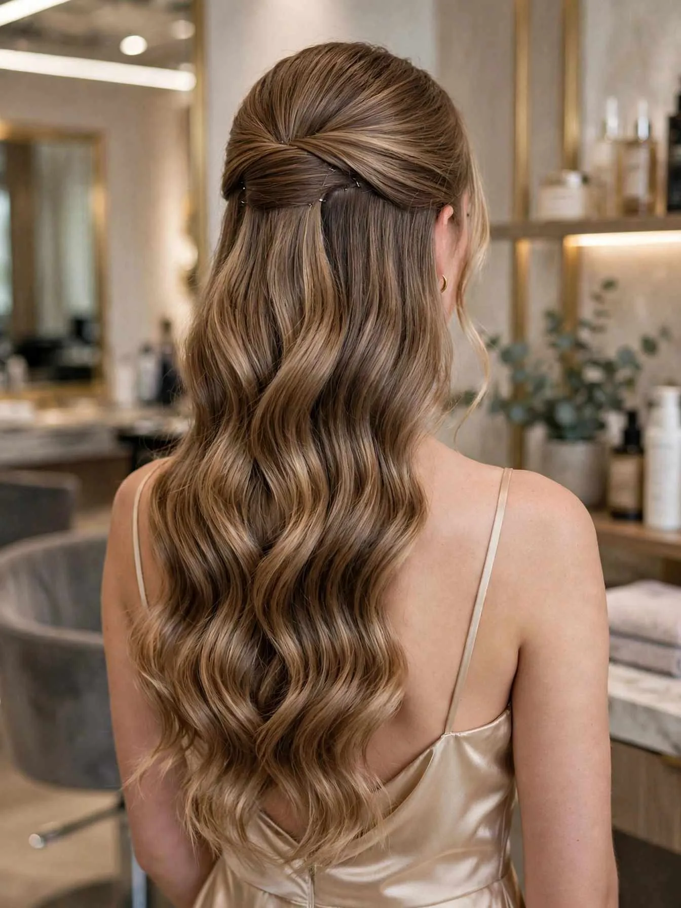 Half-up hairstyle with clip-in extensions adding length and fullness