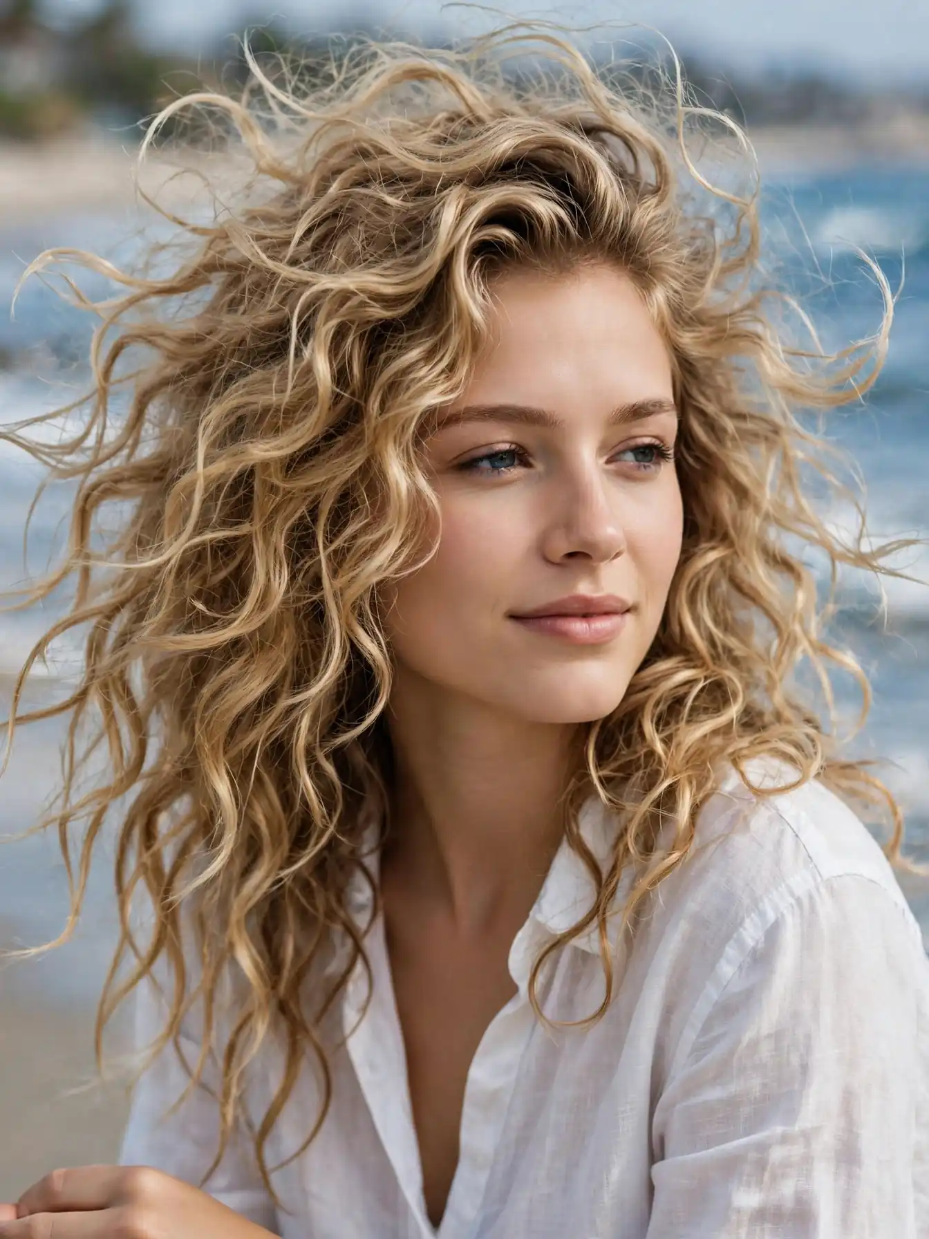 Big tousled beach curls in sun-kissed blonde hair