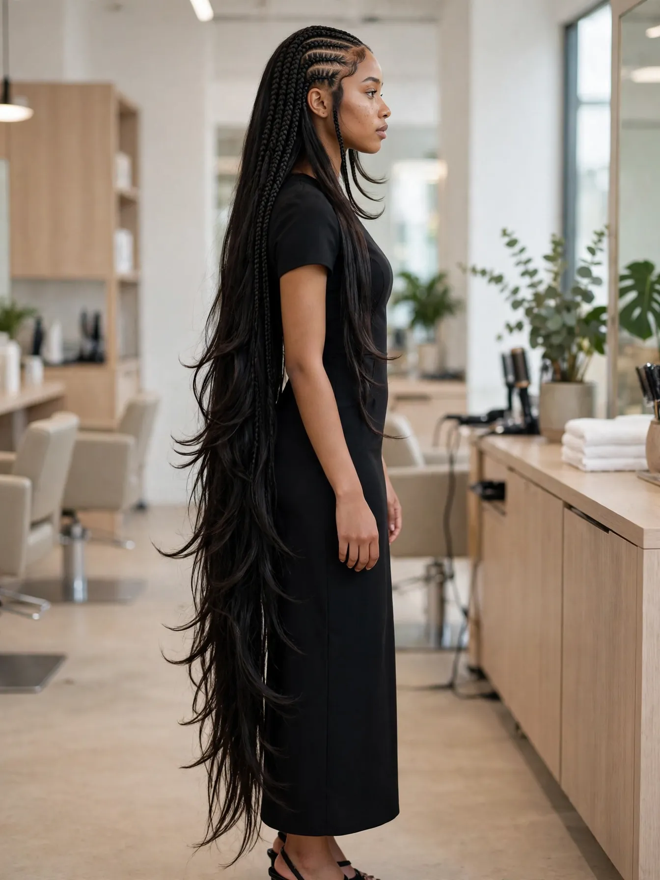 Waist-length sew-in braided leave-out hairstyle with layered face-framing ends