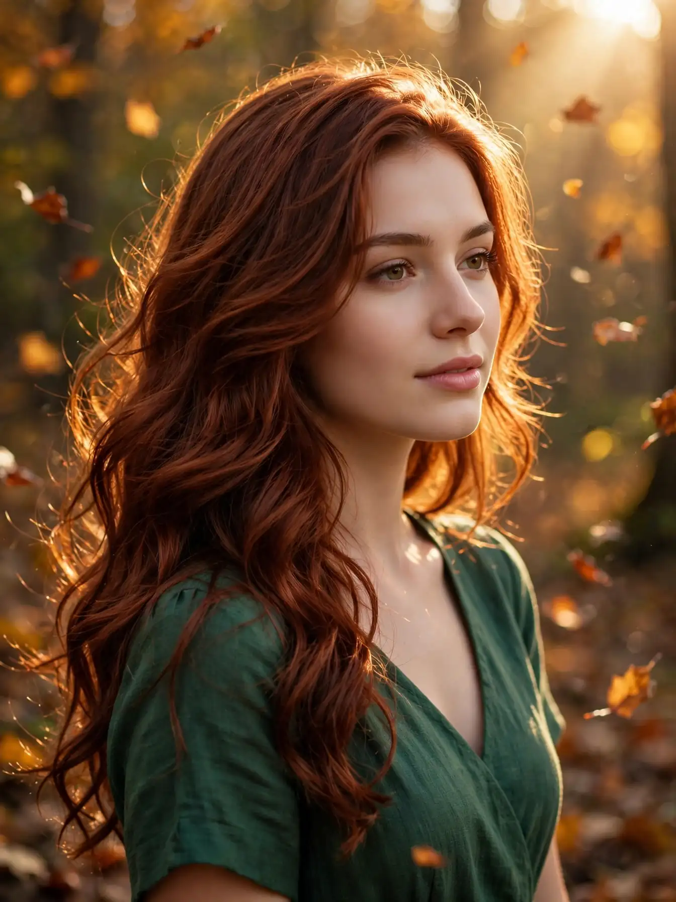Rich auburn wavy hair glowing in an autumn forest