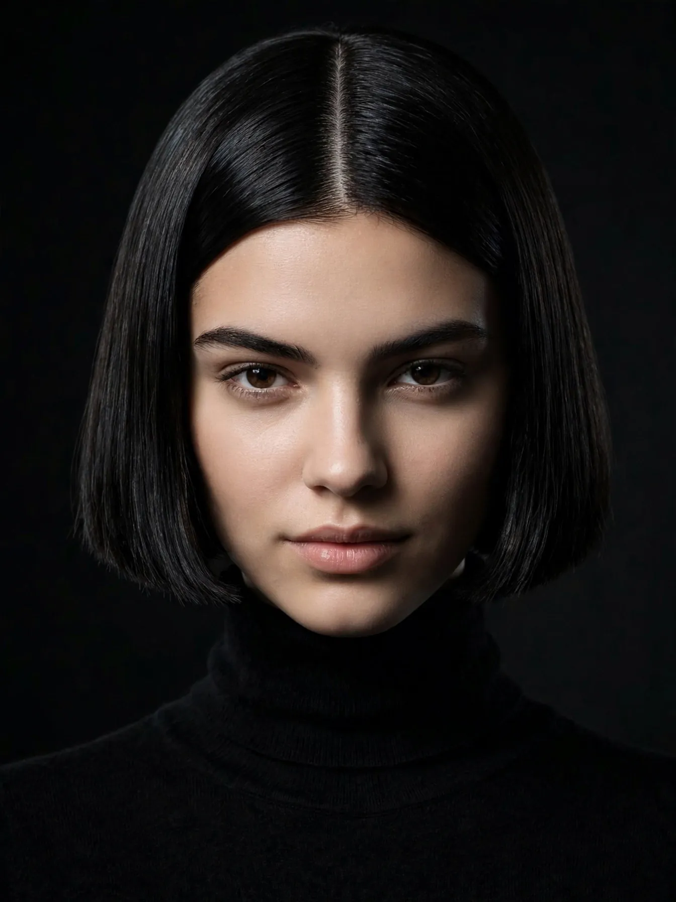 Bold jaw-length box bob with a squared graphic outline paired with a turtleneck