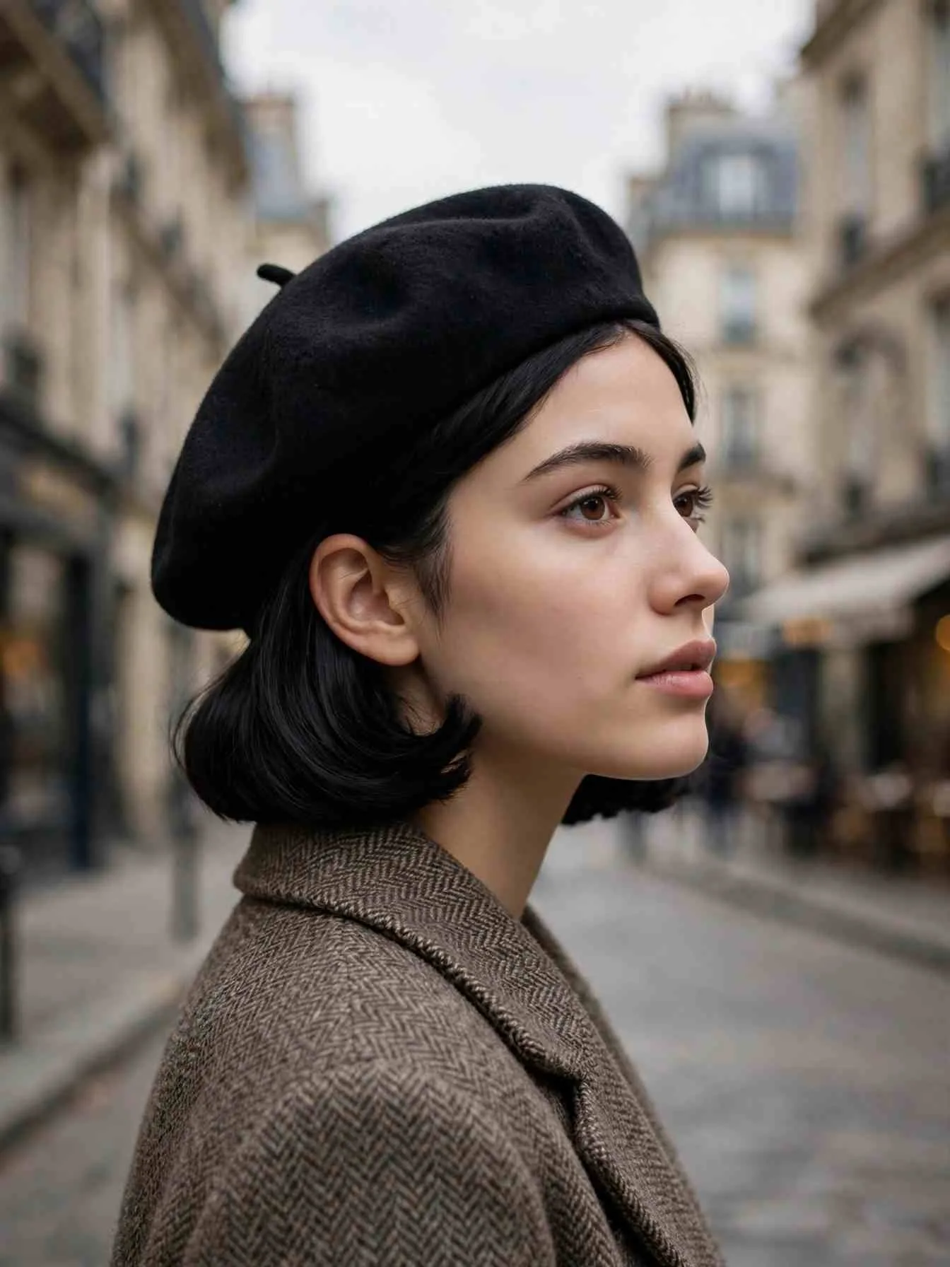 Chin-length bob tucked behind ears worn with a black beret
