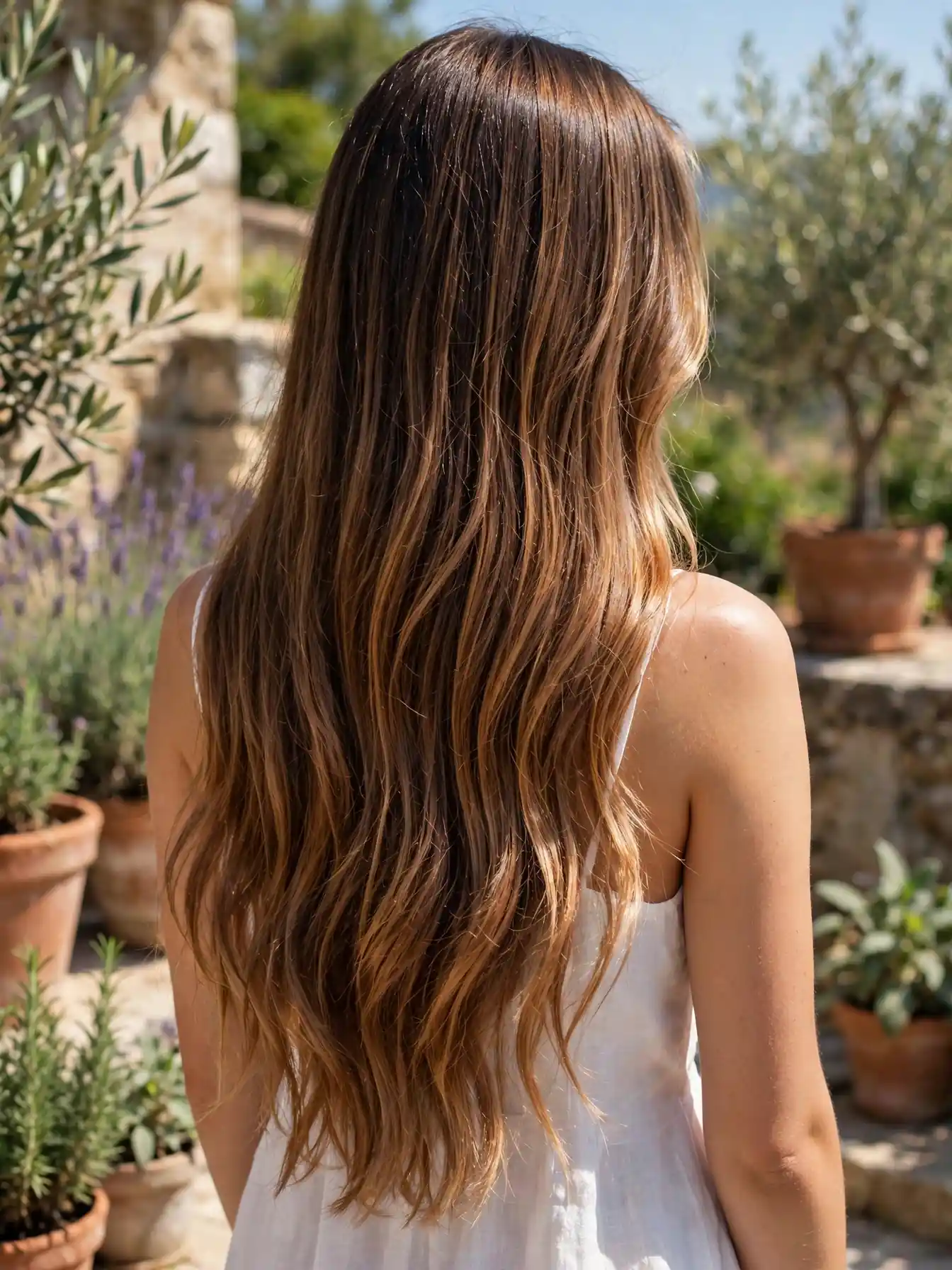 Bronzed mocha balayage on very long hair
